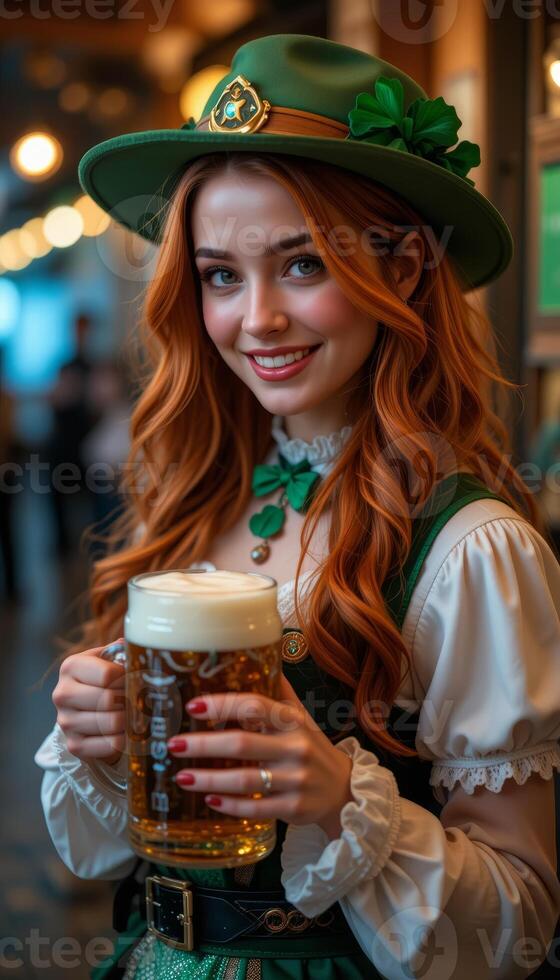 Irish Girl in St. Patrick's Day Outfit Smiling with Beer in Hand vertical pub photo