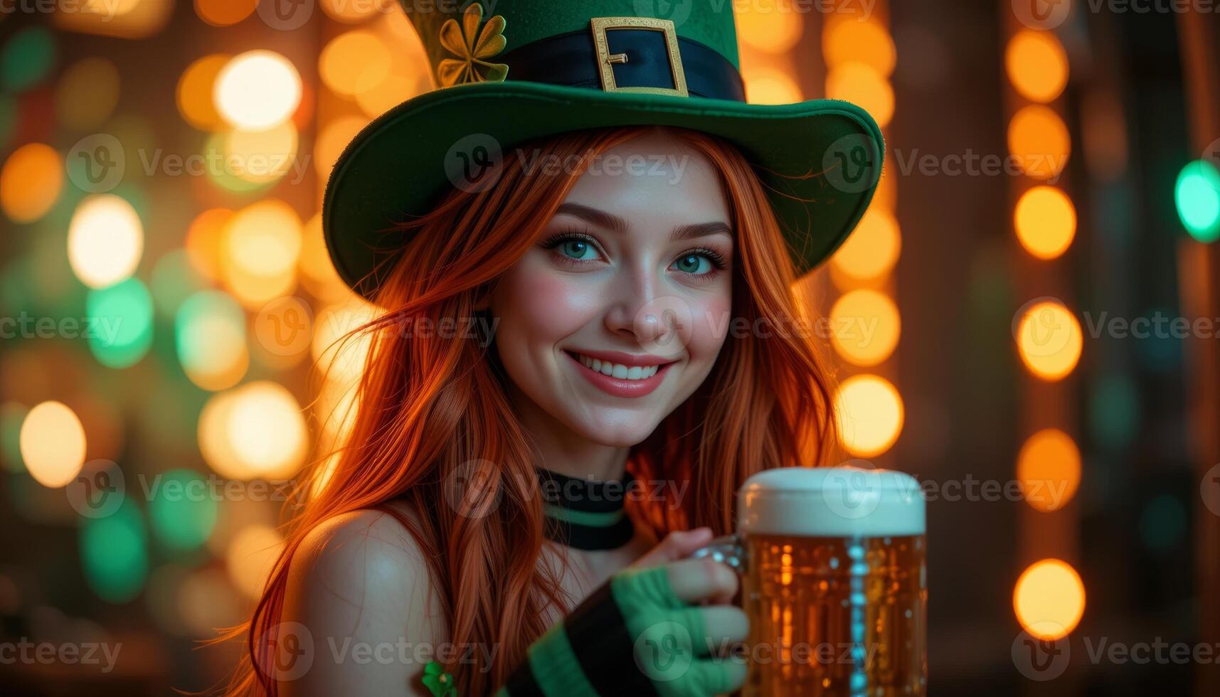 Irish Girl in St. Patrick's Day Outfit Smiling with Beer in Hand horizontal light photo