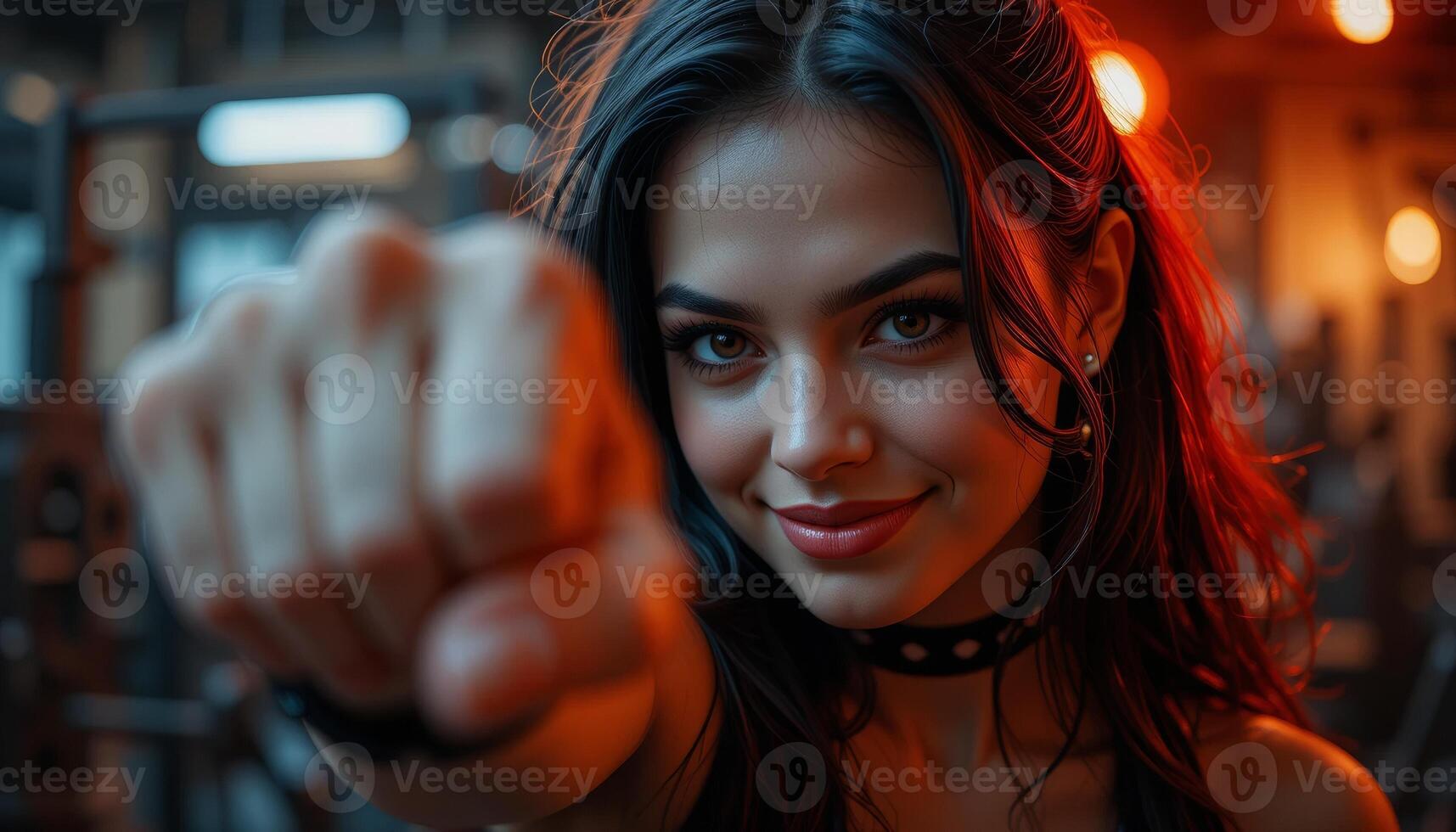 horizontal Strong Woman in Gym Smiling and Showing Fist close to Camera photo