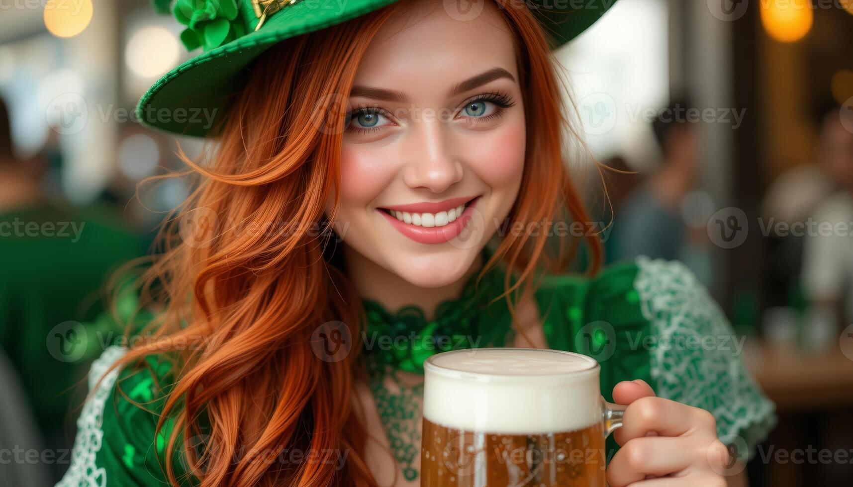 Irish Girl in St. Patrick's Day Outfit Smiling with Beer in Hand, close up photo