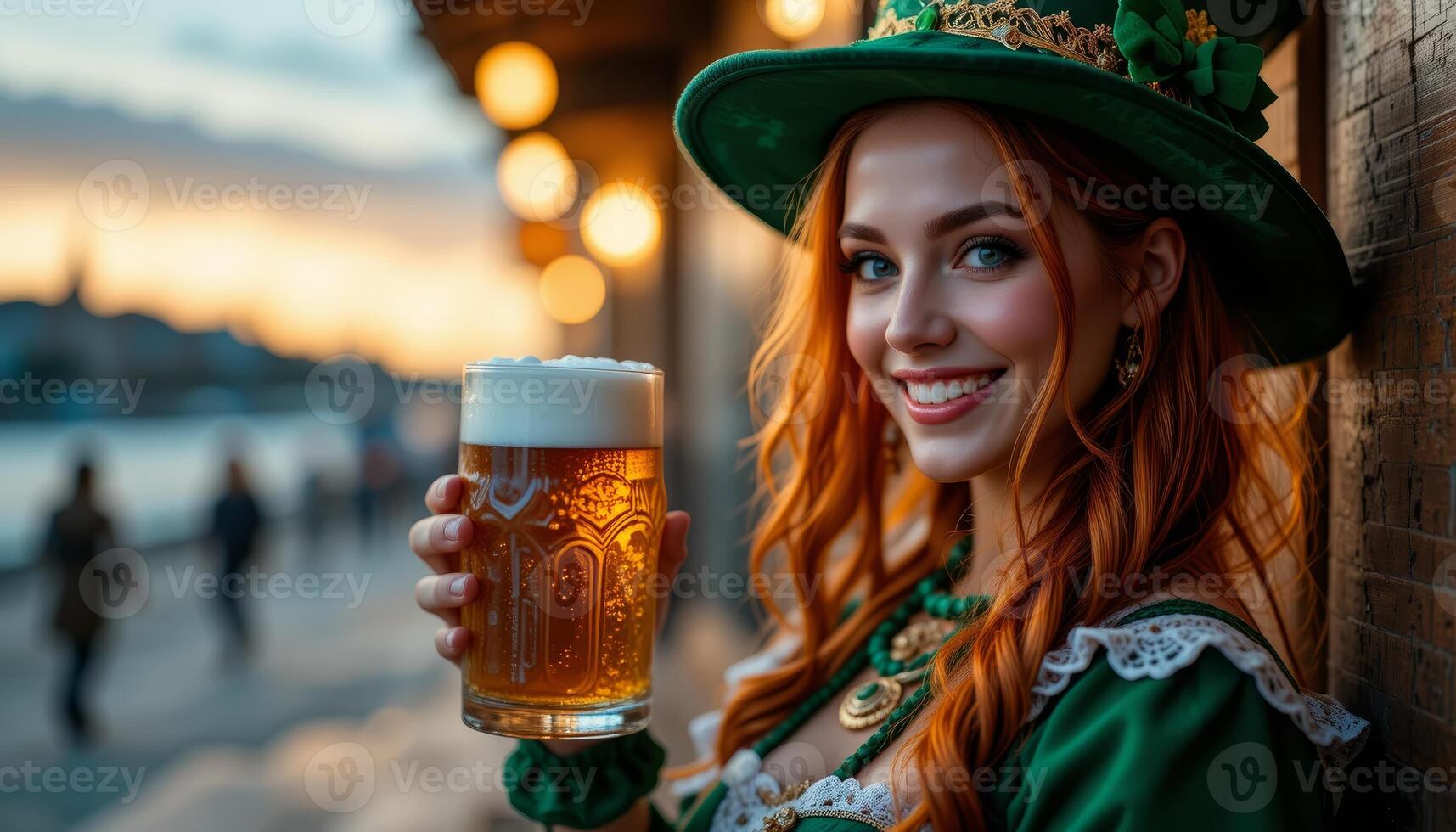 Irish Girl in St. Patrick's Day Outfit Smiling with Beer in Hand pub photo