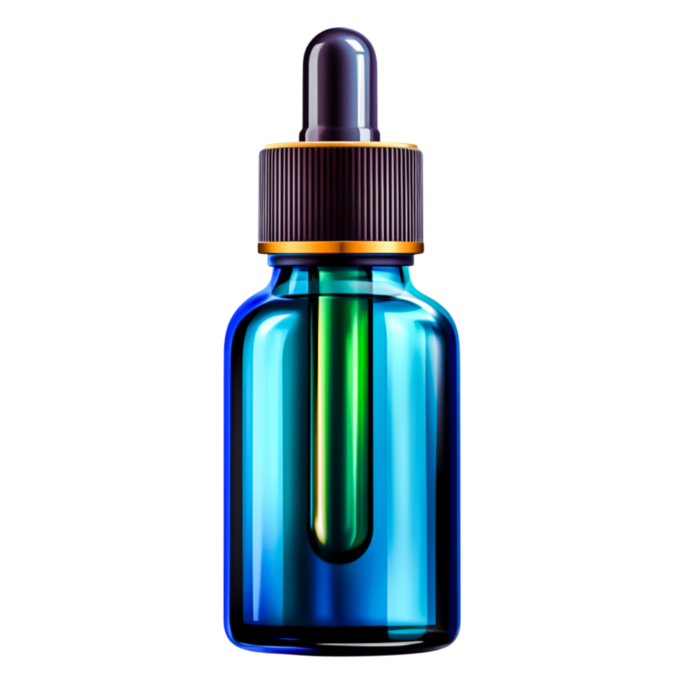 Glass dropper bottle with blue liquid and pipette on png