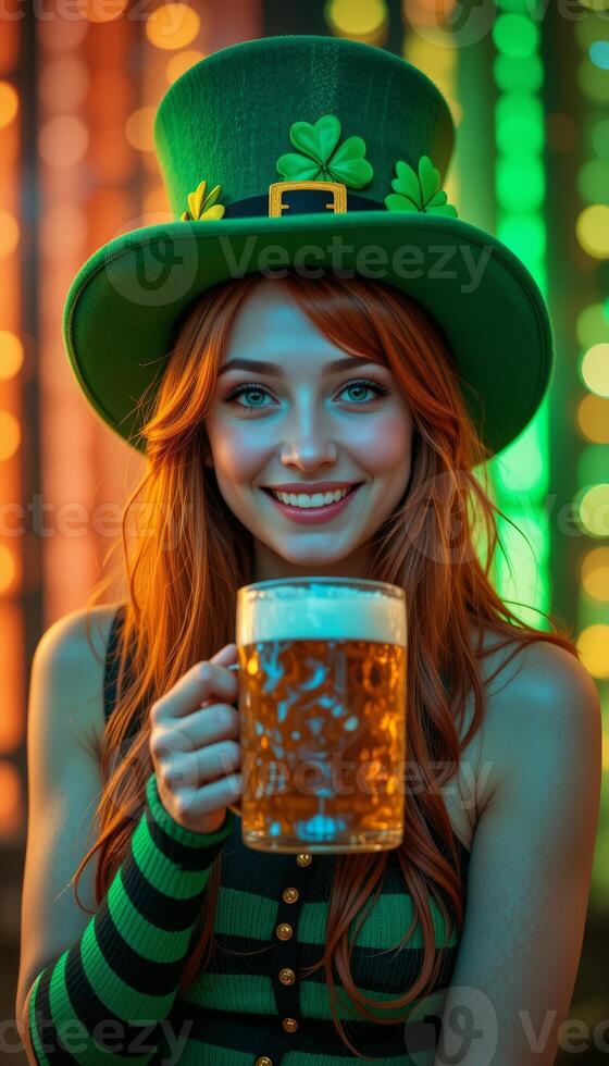 Irish Girl in St. Patrick's Day Outfit Smiling with Beer in Hand vertical lights photo