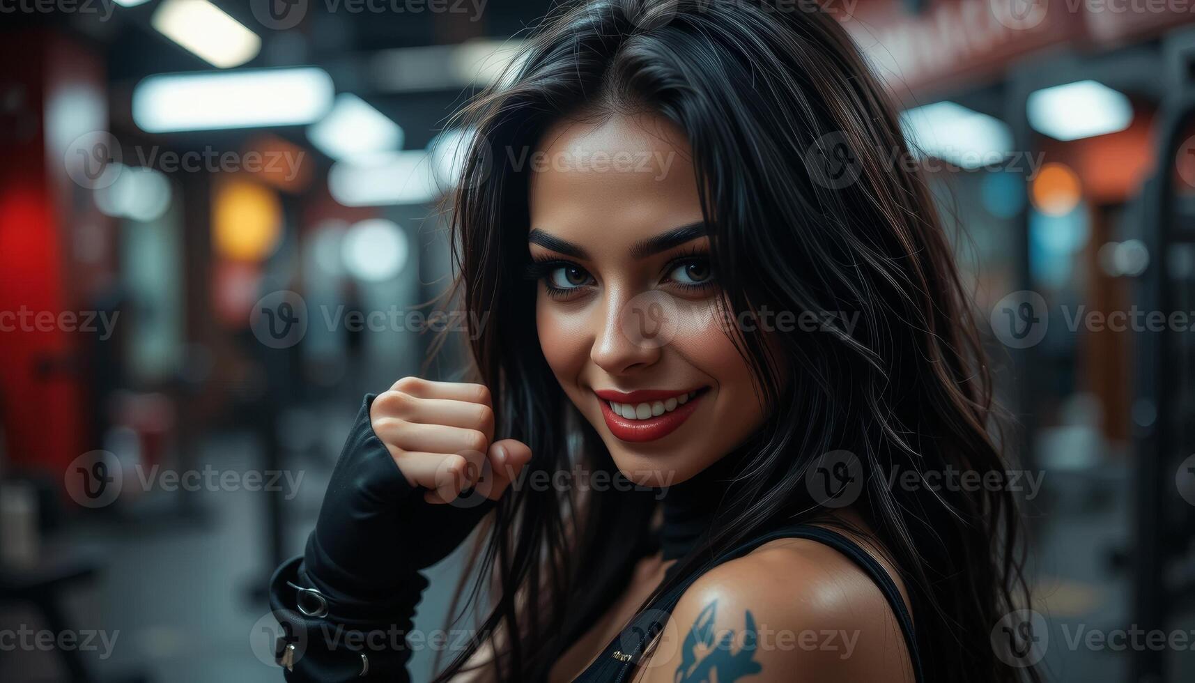 horizontal iStrong Woman in Gym Smiling and Showing Fist to Cameramage photo