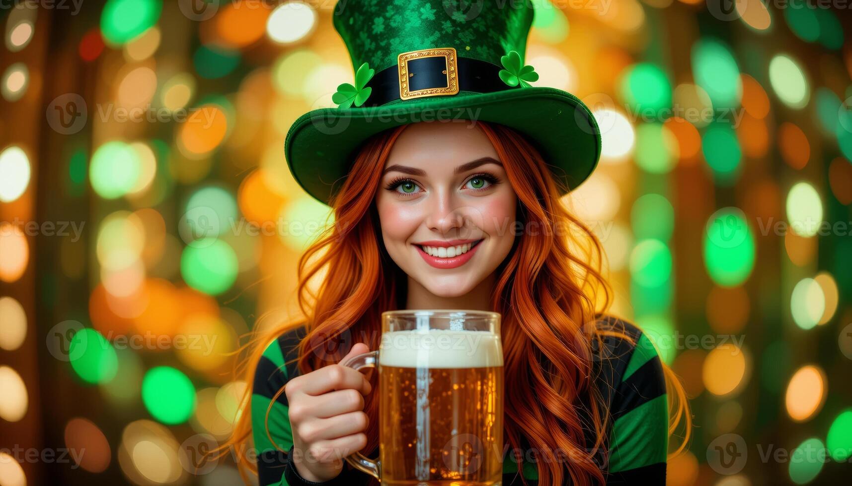 Irish Girl in St. Patrick's Day Outfit Smiling with Beer in Hand frontal photo