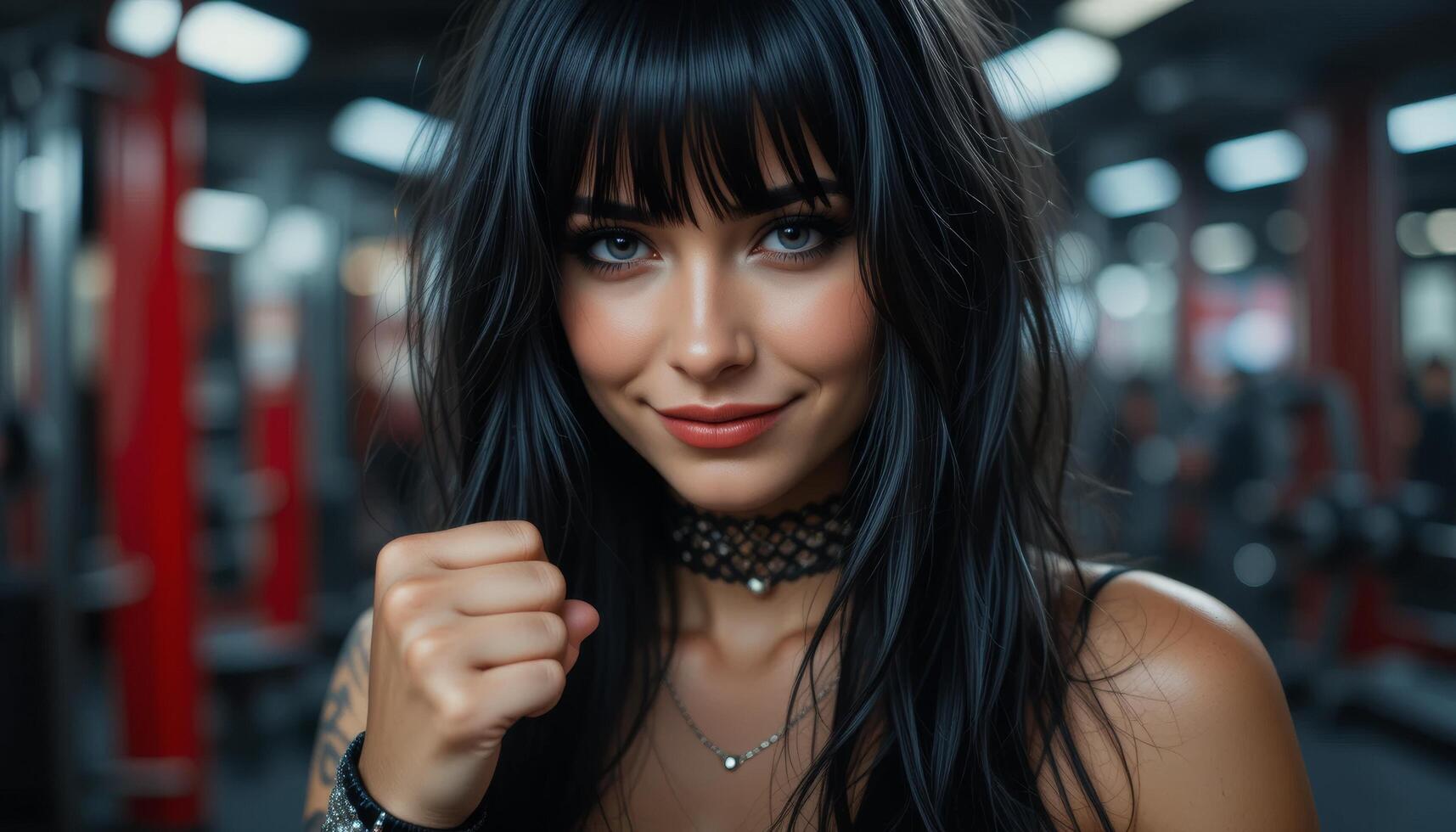 horizontal Strong Woman in Gym Smiling and Showing Fist to Camera photo