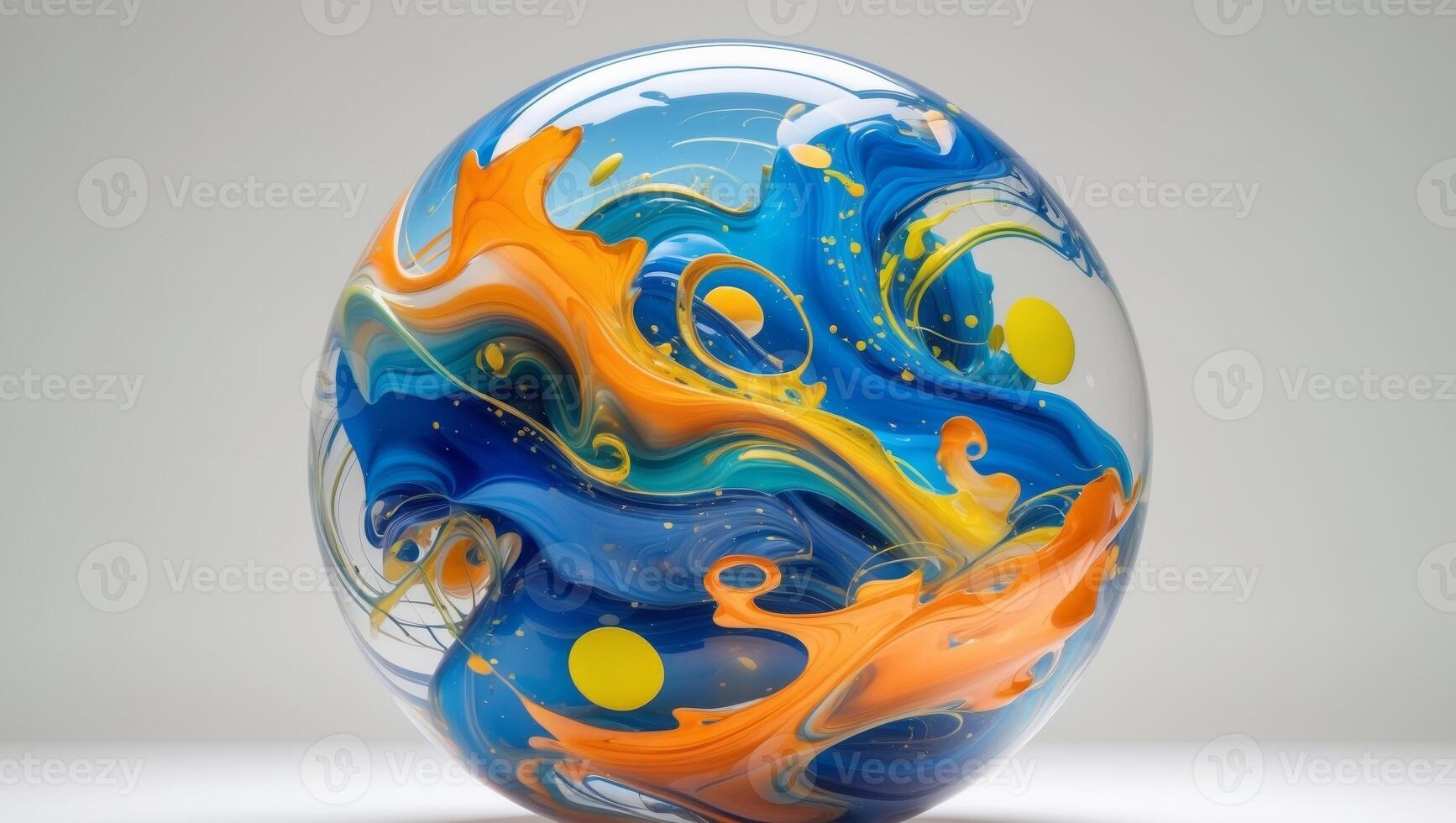 A glass ball with blue, orange and yellow swirls photo