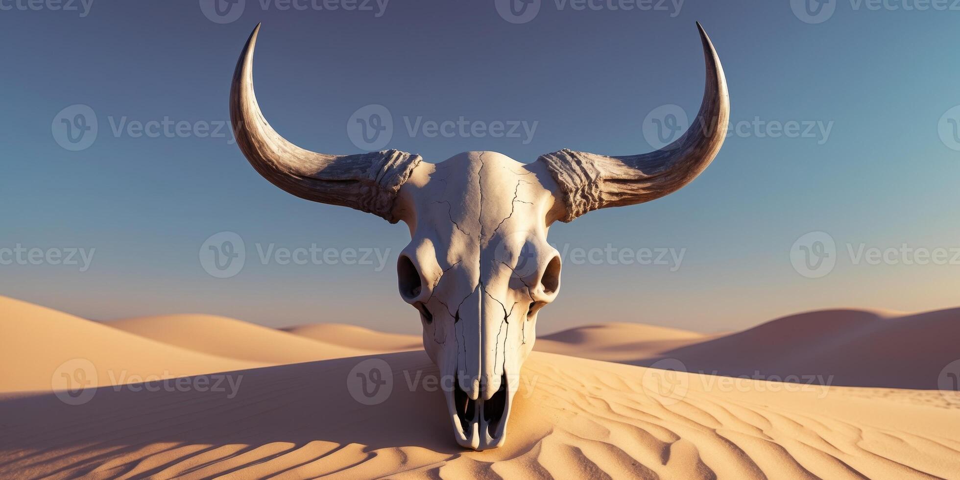 A bull skull in the desert with large horns photo
