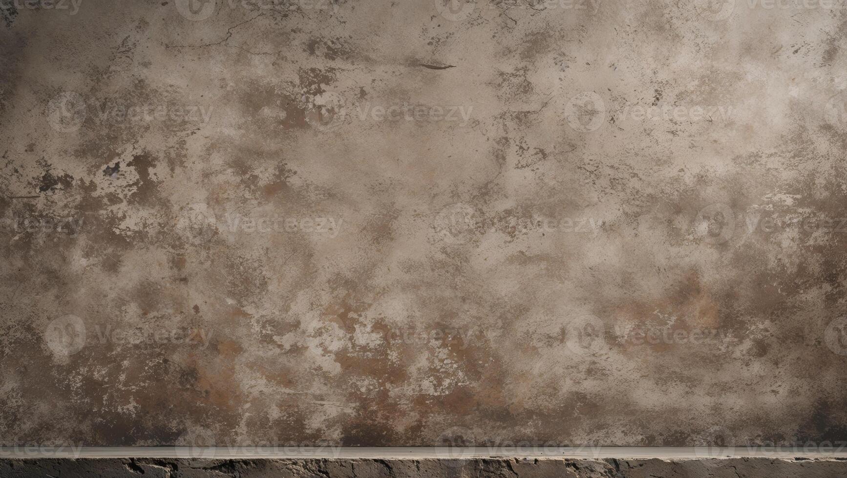 An empty shelf in front of a wall photo