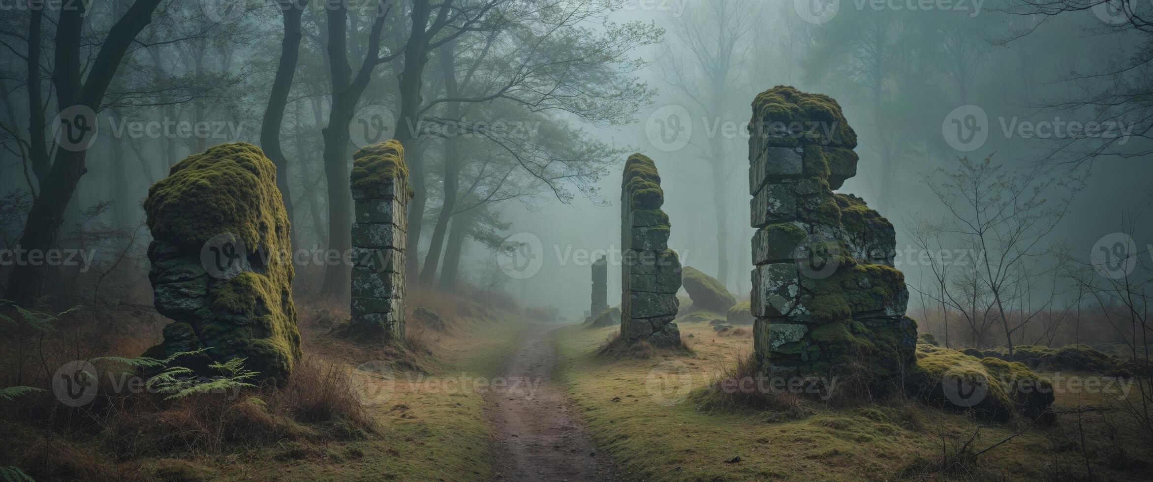 A path through the woods with mossy rocks photo