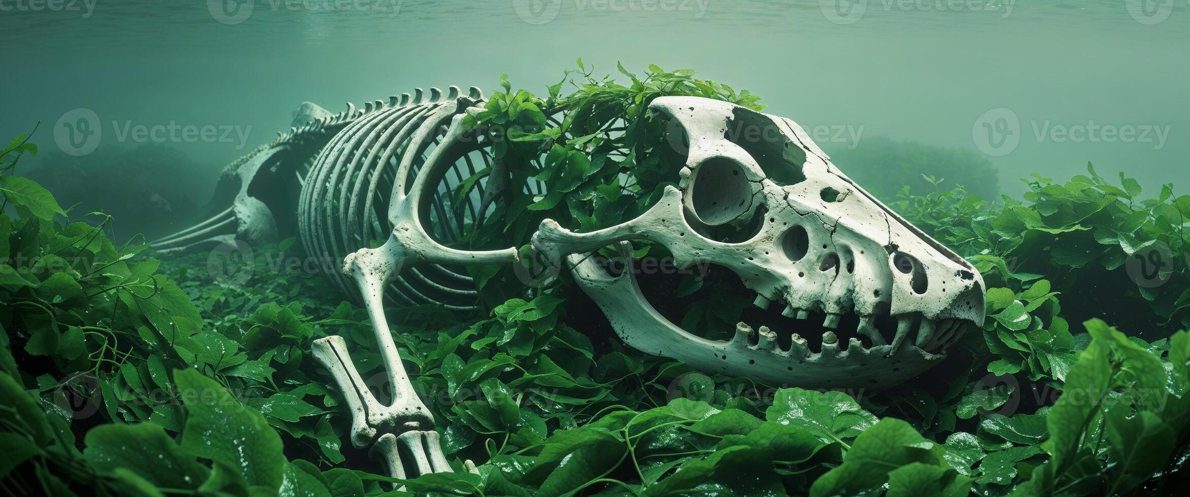 A skeleton is submerged in seaweed photo