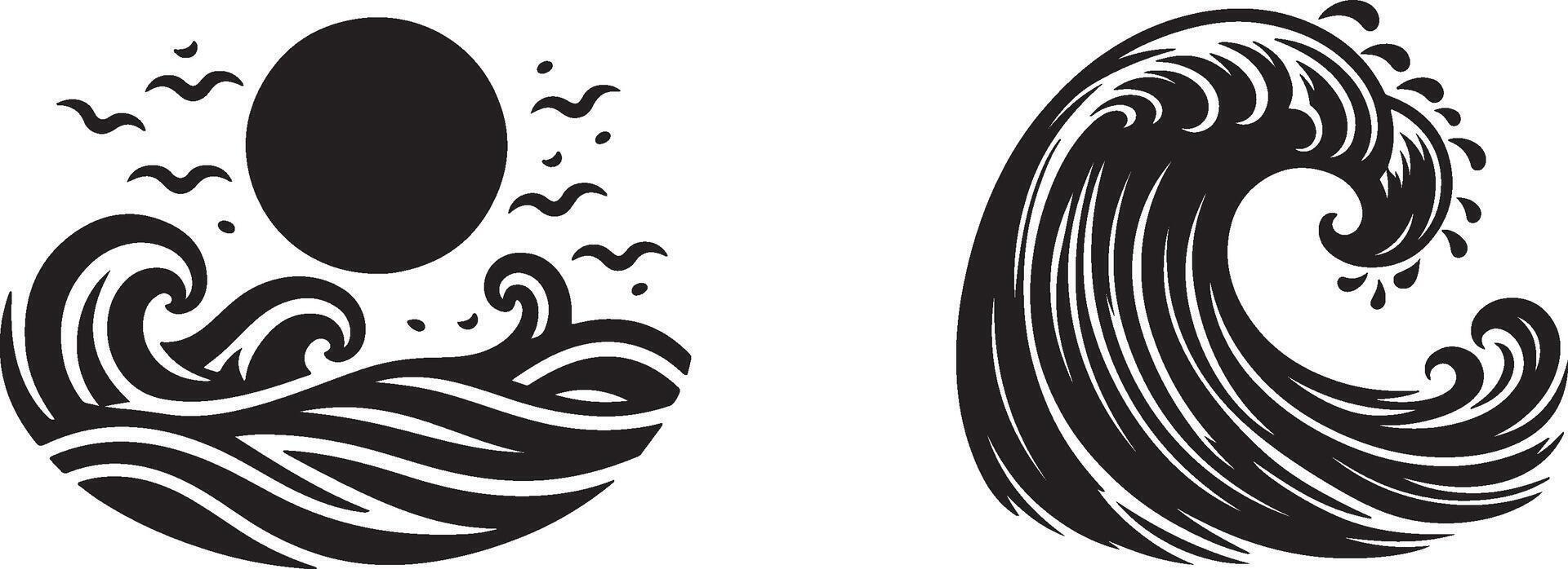 Two black and white illustrations of waves and birds vector