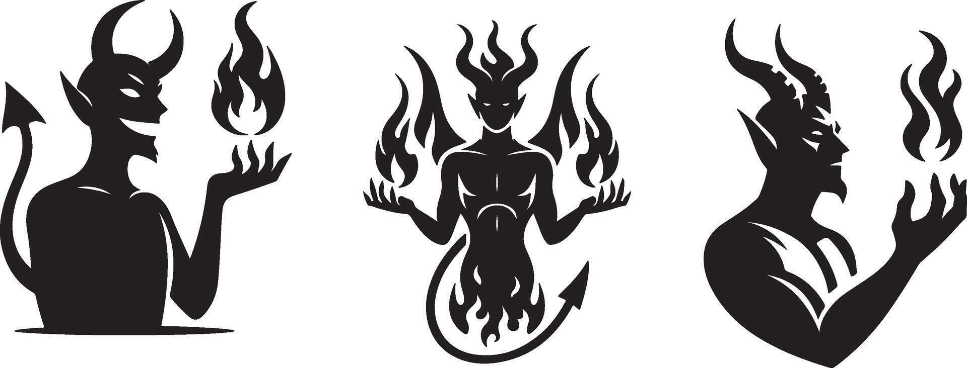 Three different demon silhouettes with flames vector