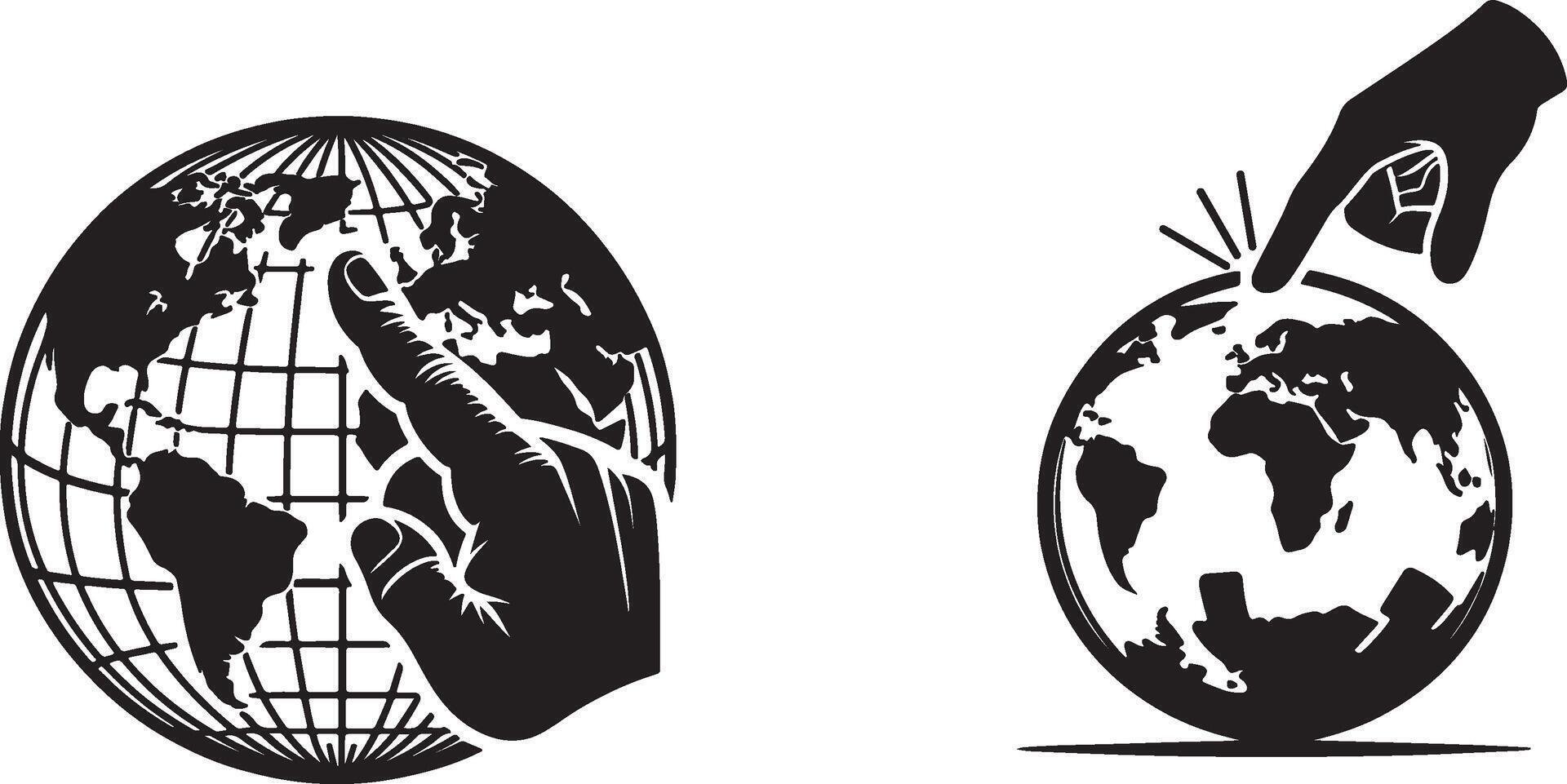 A hand is touching a globe and pointing to the earth vector