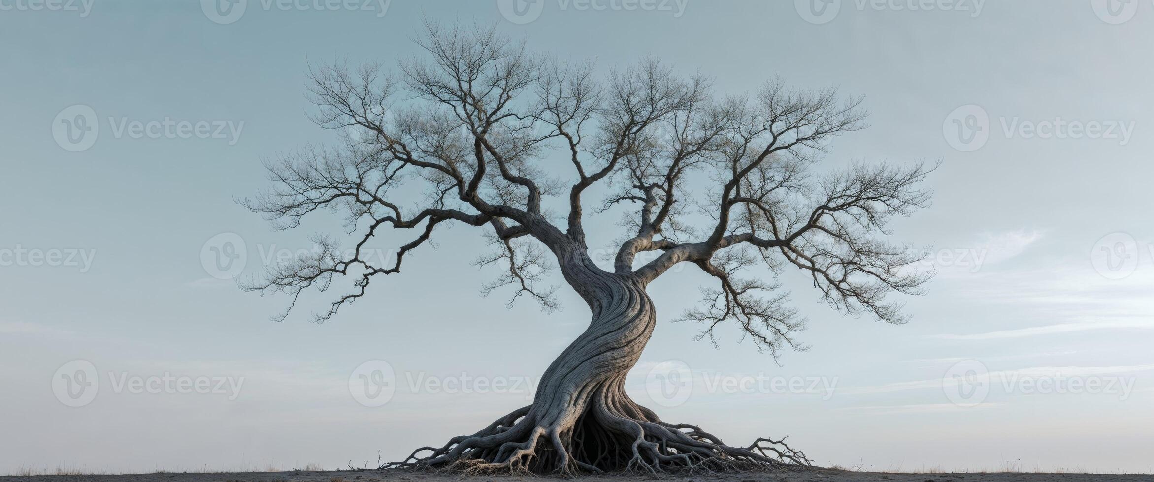 A tree with no leaves on it in the middle of a field photo