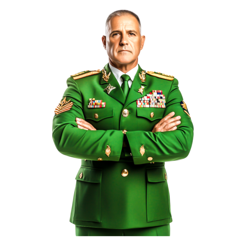 Confident Military Leader in Green Uniform with Decorations and Medals png