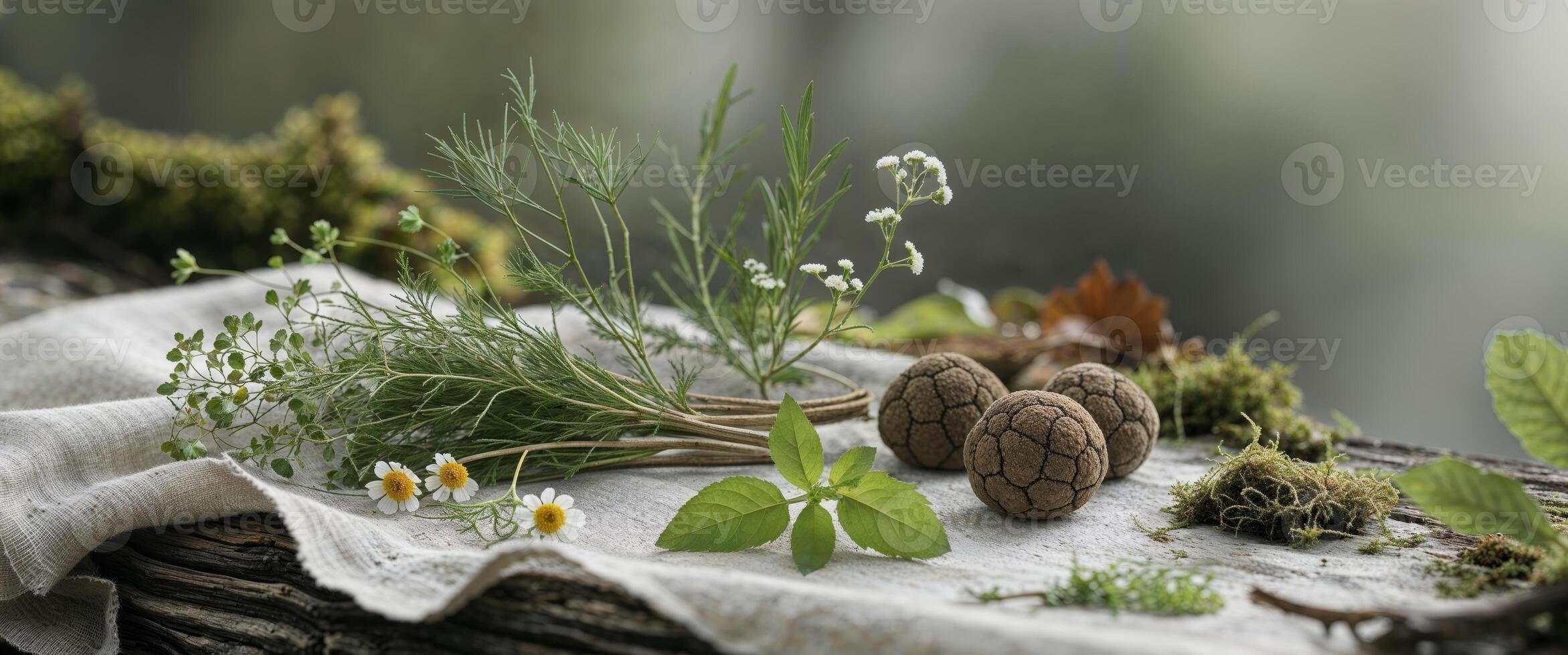 Herbs and nuts on a table with moss photo