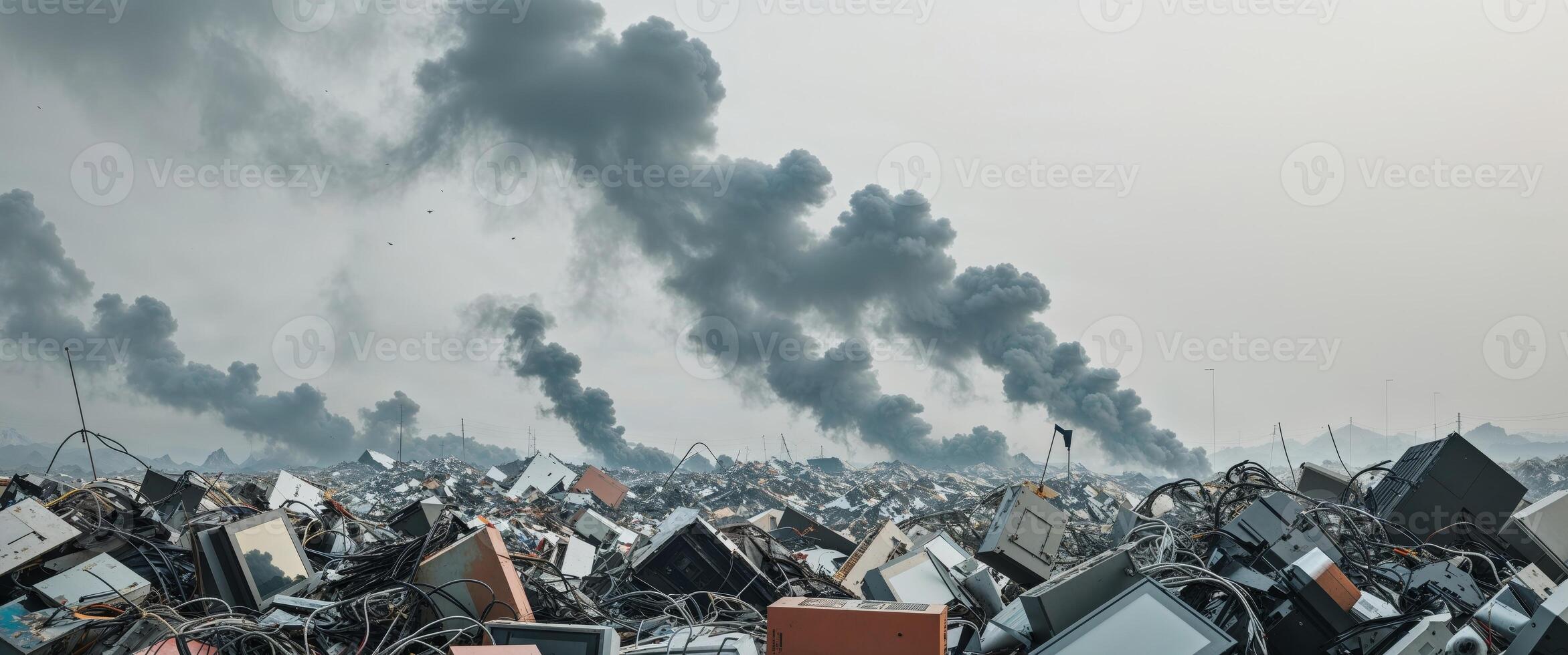 A large pile of old electronics and smoke coming out of the air photo