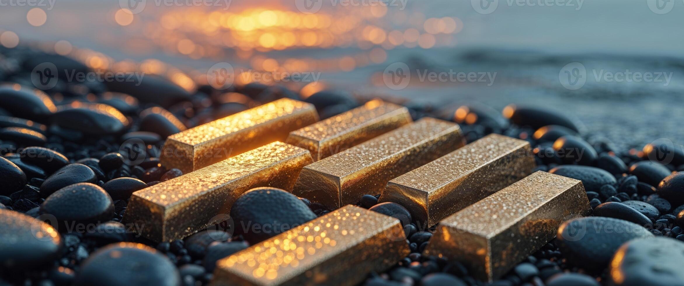 Gold bars on rocks with a sunset in the background photo