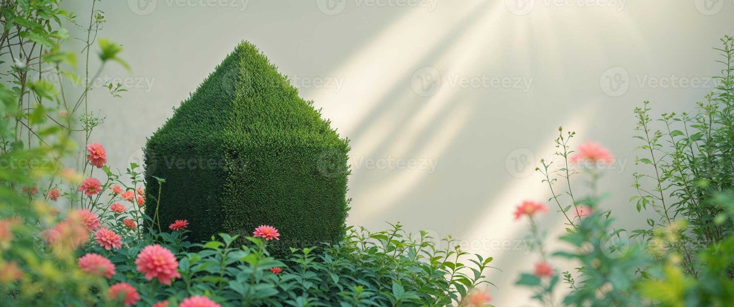 A small green topiary in a garden with flowers photo