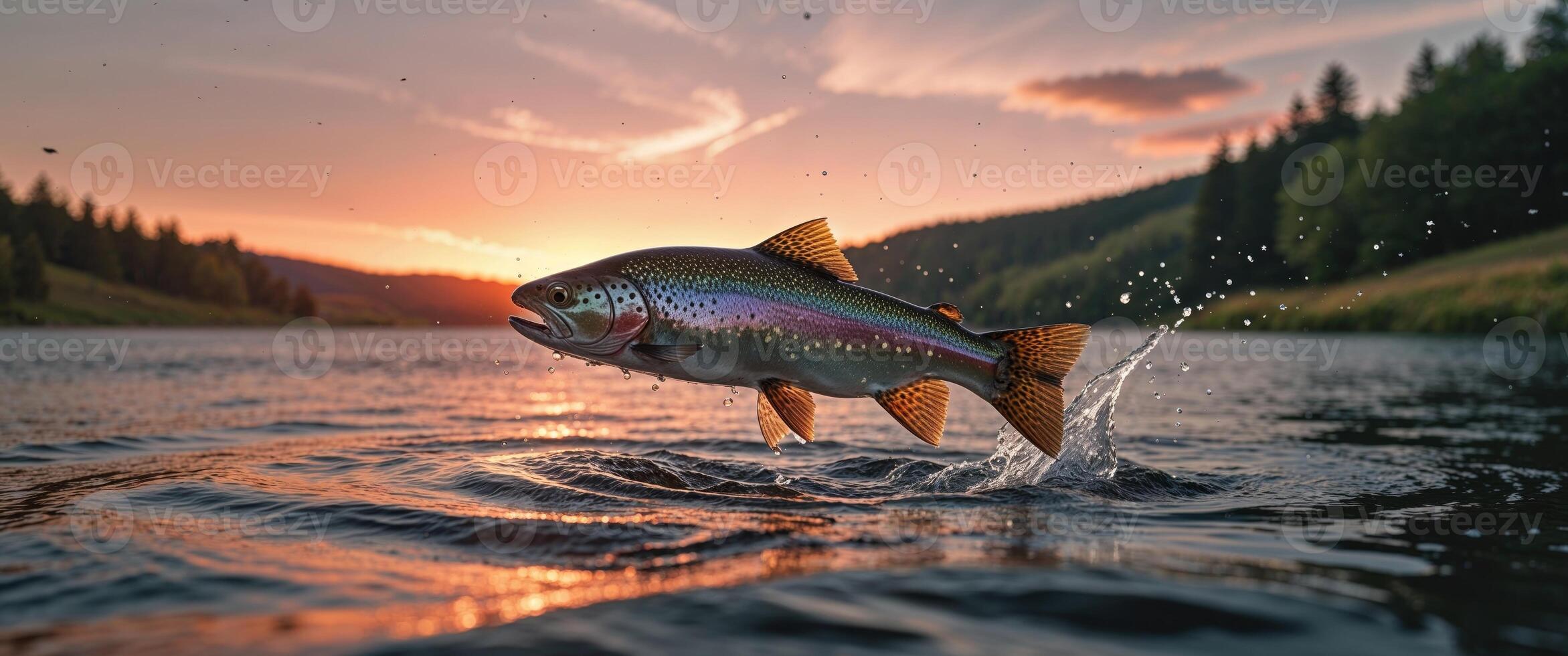 A rainbow trout is jumping out of the water at sunset photo