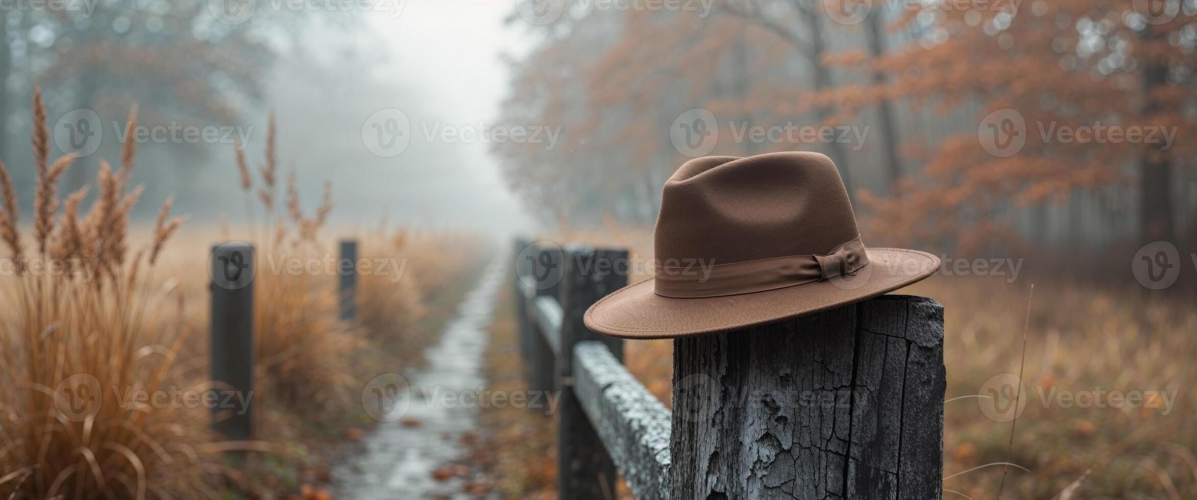 A hat sits on a fence post in the fog photo