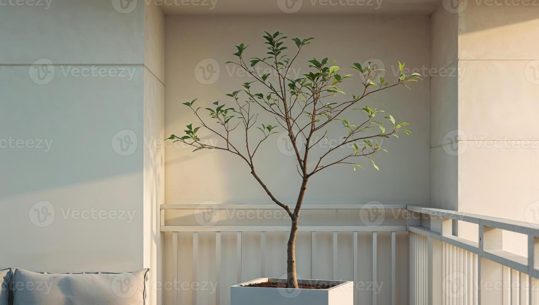 A potted tree on a balcony with a white couch photo