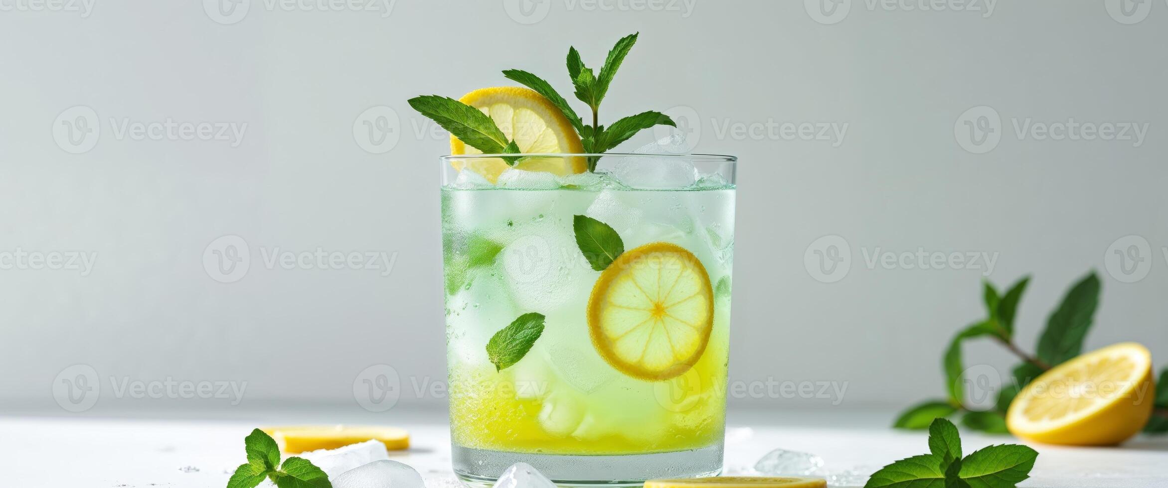 A glass of lemonade with mint leaves and lemon slices photo