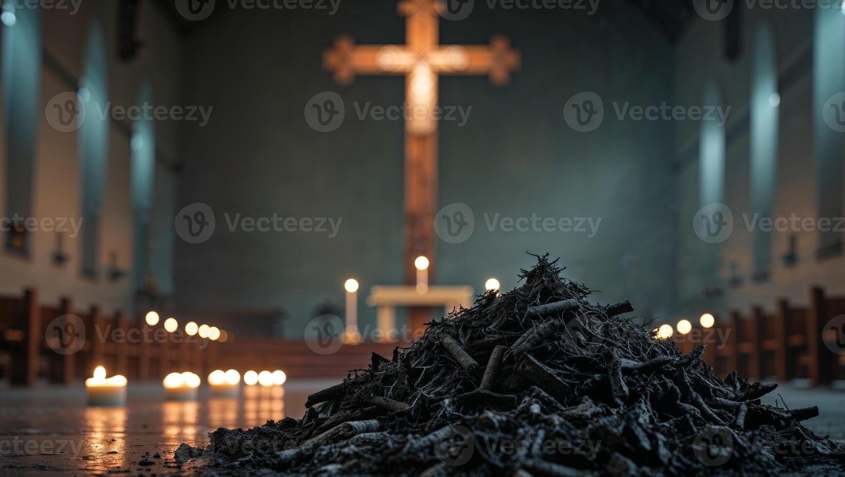 A pile of wood in front of a cross photo