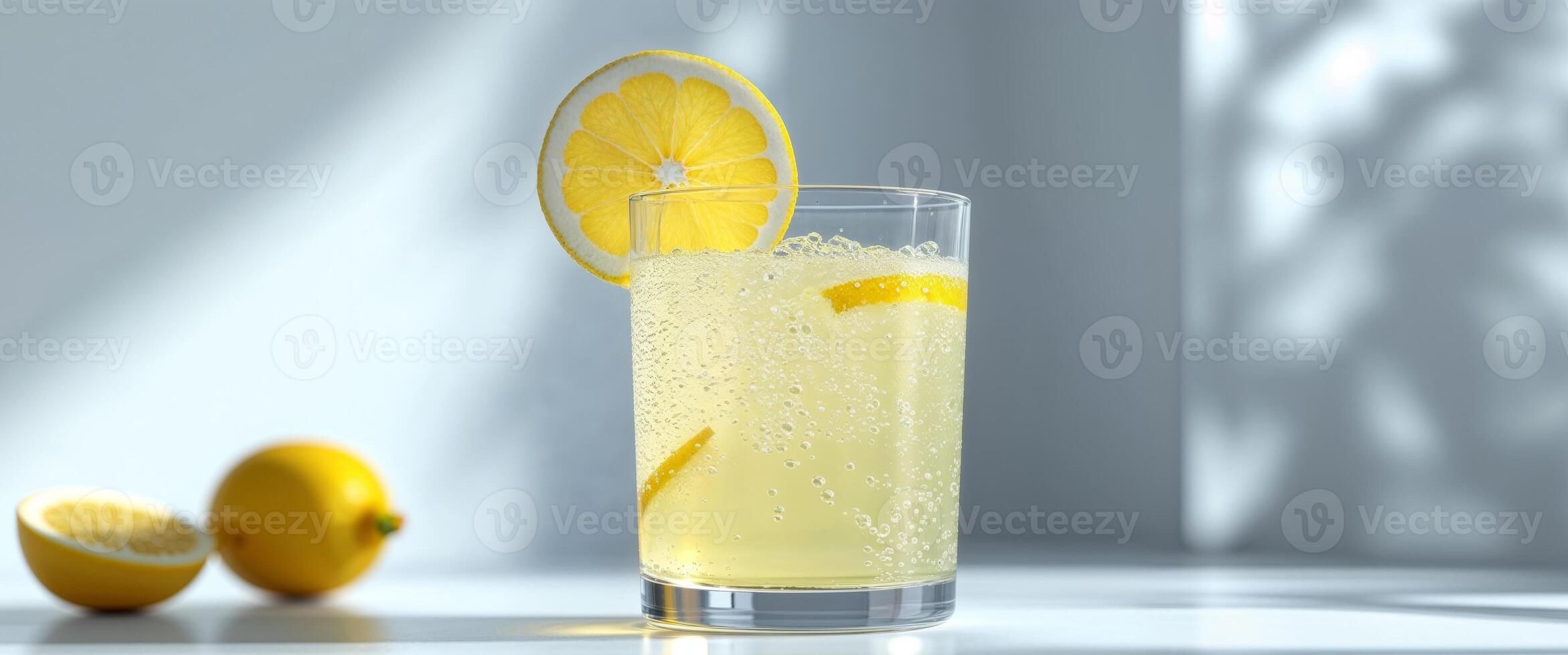 A glass of lemonade with a slice of lemon photo