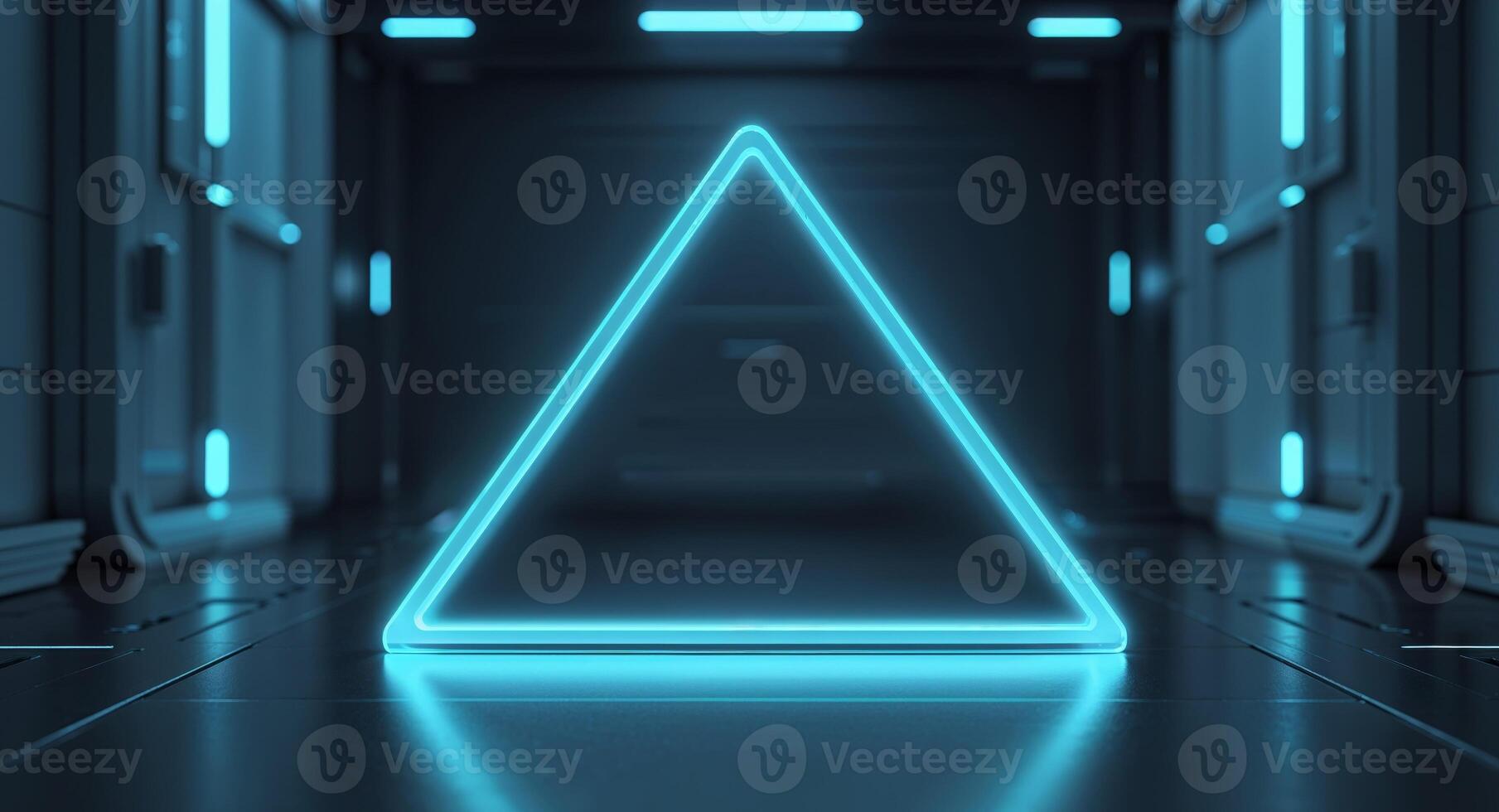 A neon triangle in a dark room with glowing lights photo