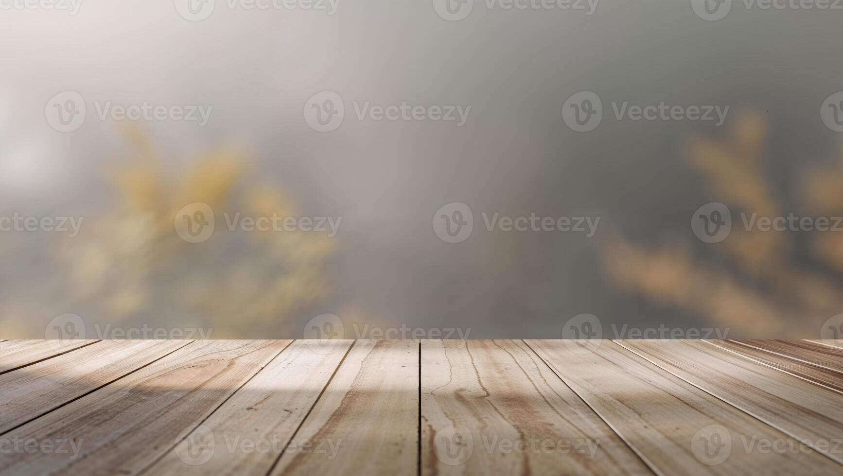 Empty wooden table with blurred background photo