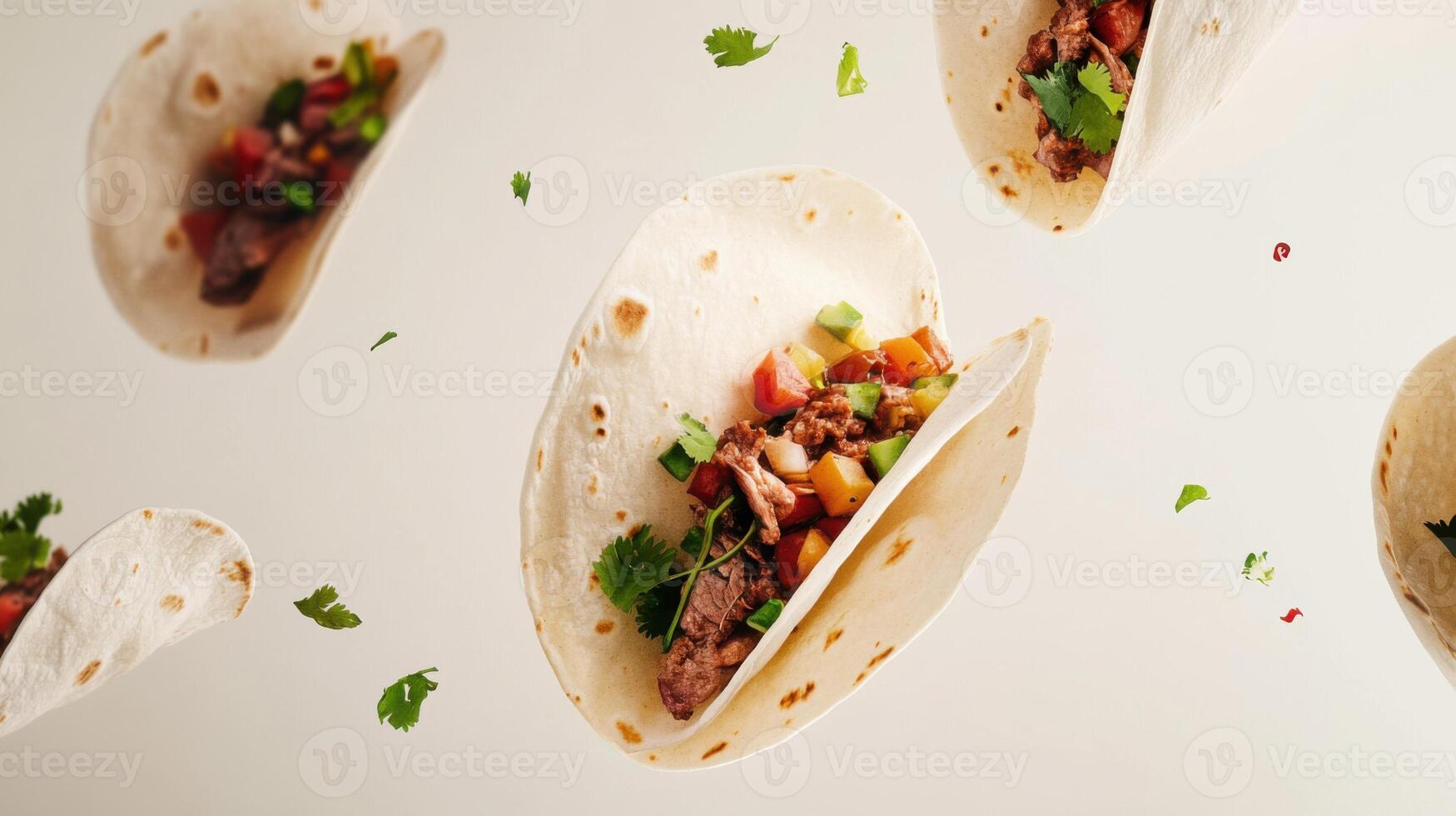 Tacos filled with beef and fresh ingredients floating in mid-air against a clean background photo
