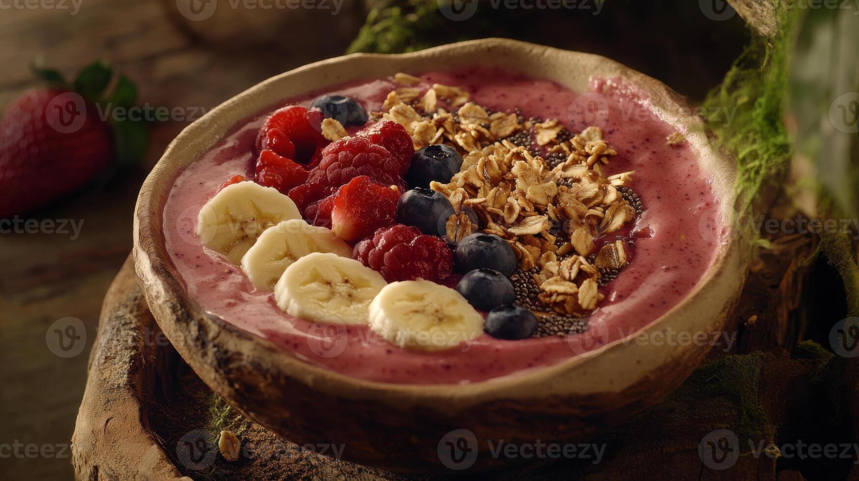 Healthy breakfast bowl featuring strawberries, blueberries, raspberries, bananas, and granola for a nutritious start to the day photo