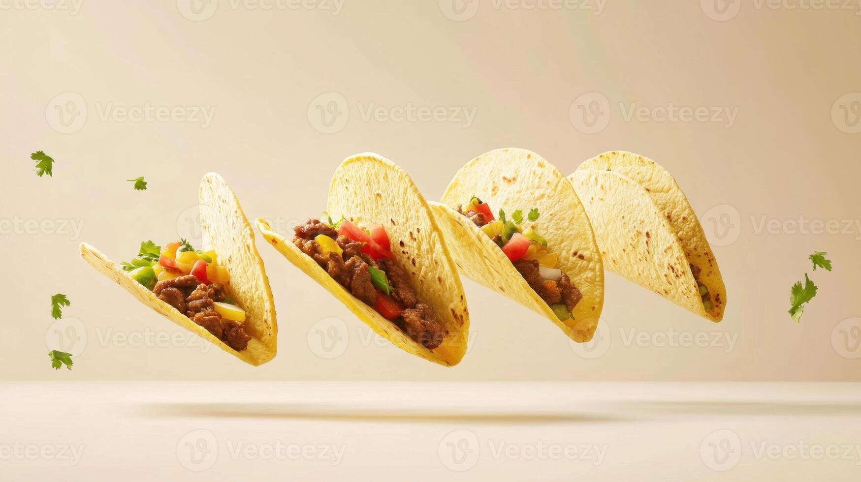 Levitating tortillas with colorful fillings suspended in mid-air against a neutral background photo