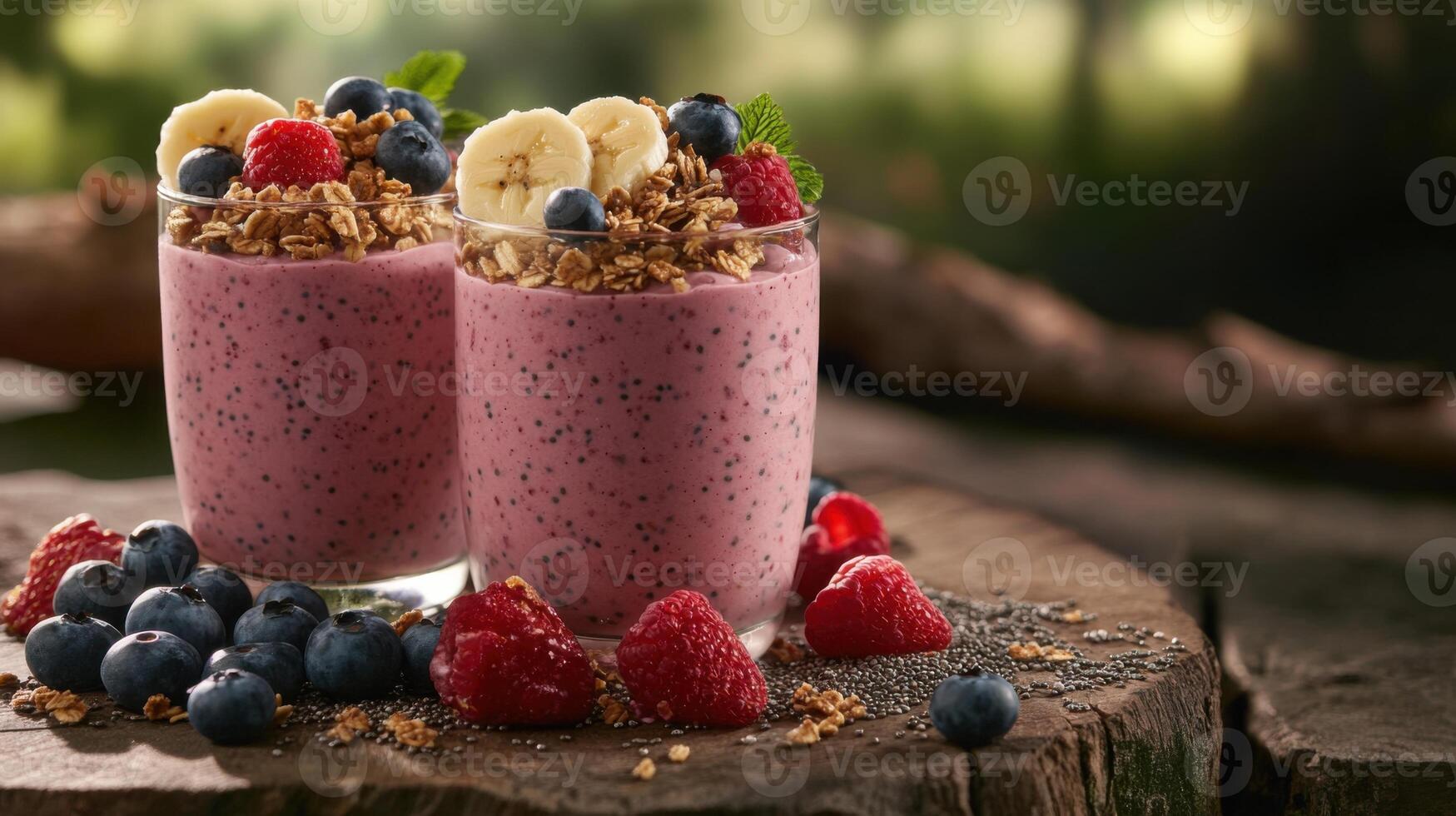 Delightful berry smoothie bowls with granola, bananas, and fresh fruits on rustic wooden background in natural light photo