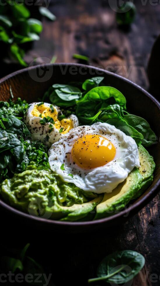 Rustic bowl filled with creamy avocado, fresh greens, and a perfectly poached egg ready for a healthy meal photo