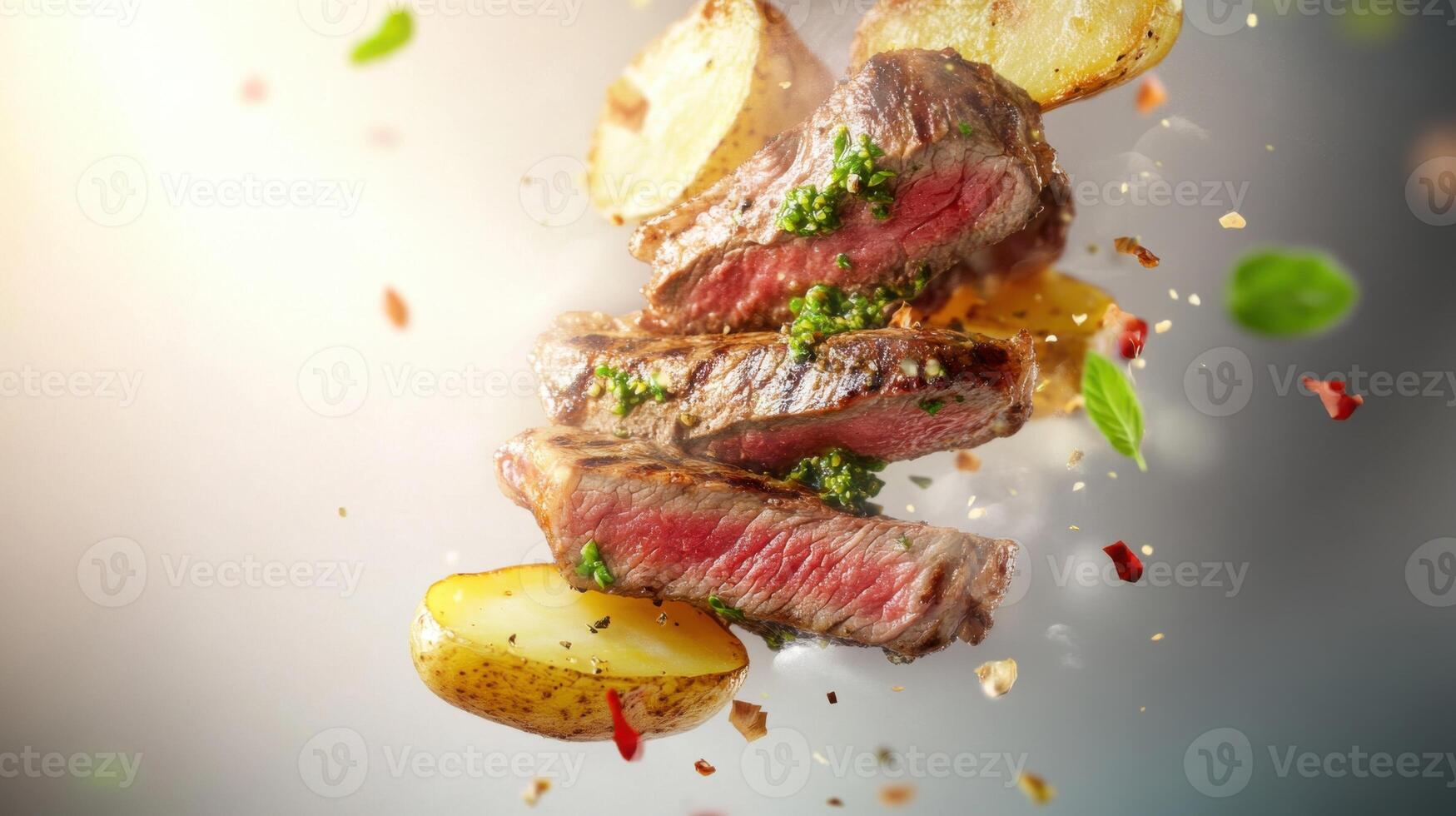 Grilled steak with chimichurri sauce served alongside seasoned potatoes on a vibrant plate photo