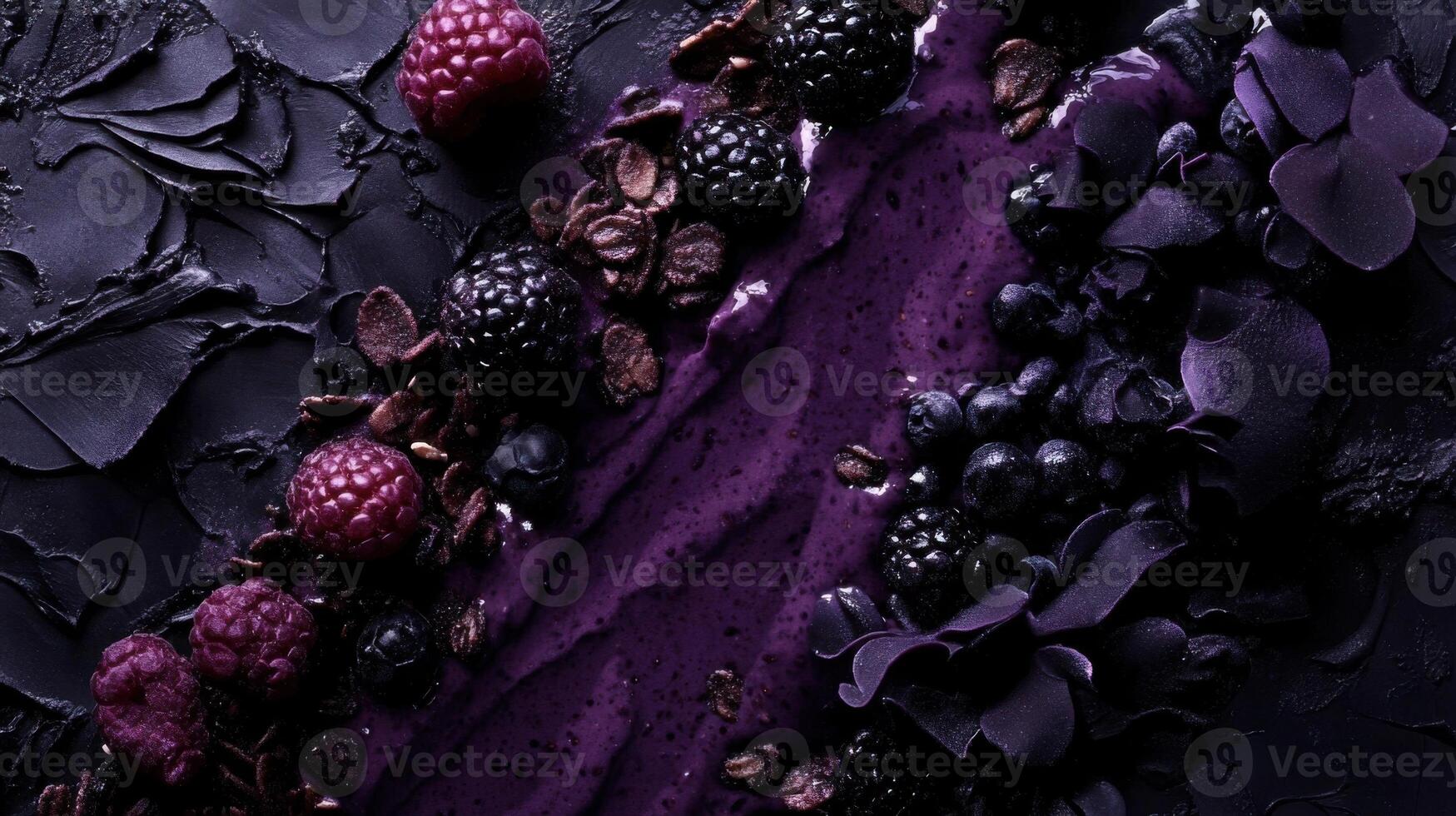 Striking monochrome composition featuring acai with various berries on a textured surface photo