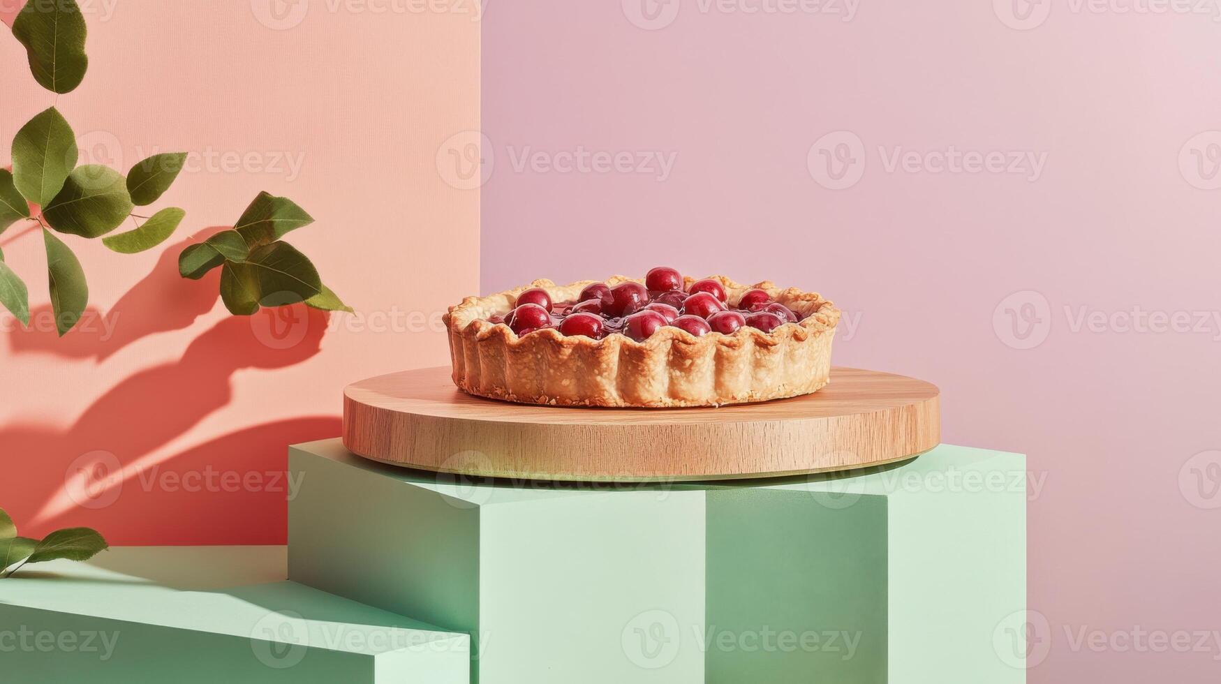 Delicious pie with almond topping and red fruit garnished on a wooden serving board against pastel-colored backdrop photo