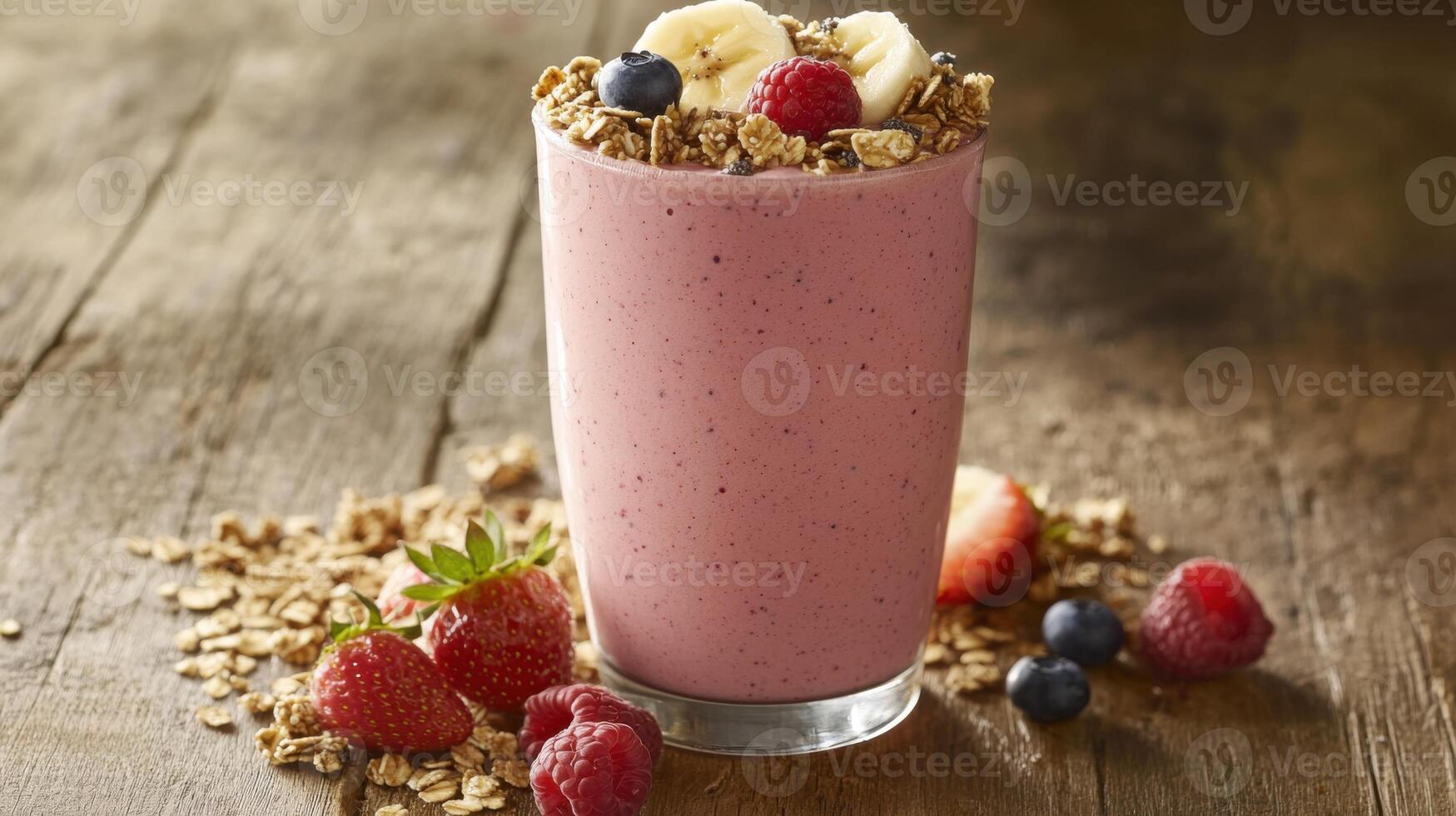 Smoothie glass filled with mixed berry goodness and topped with fresh fruits on a rustic wooden surface photo