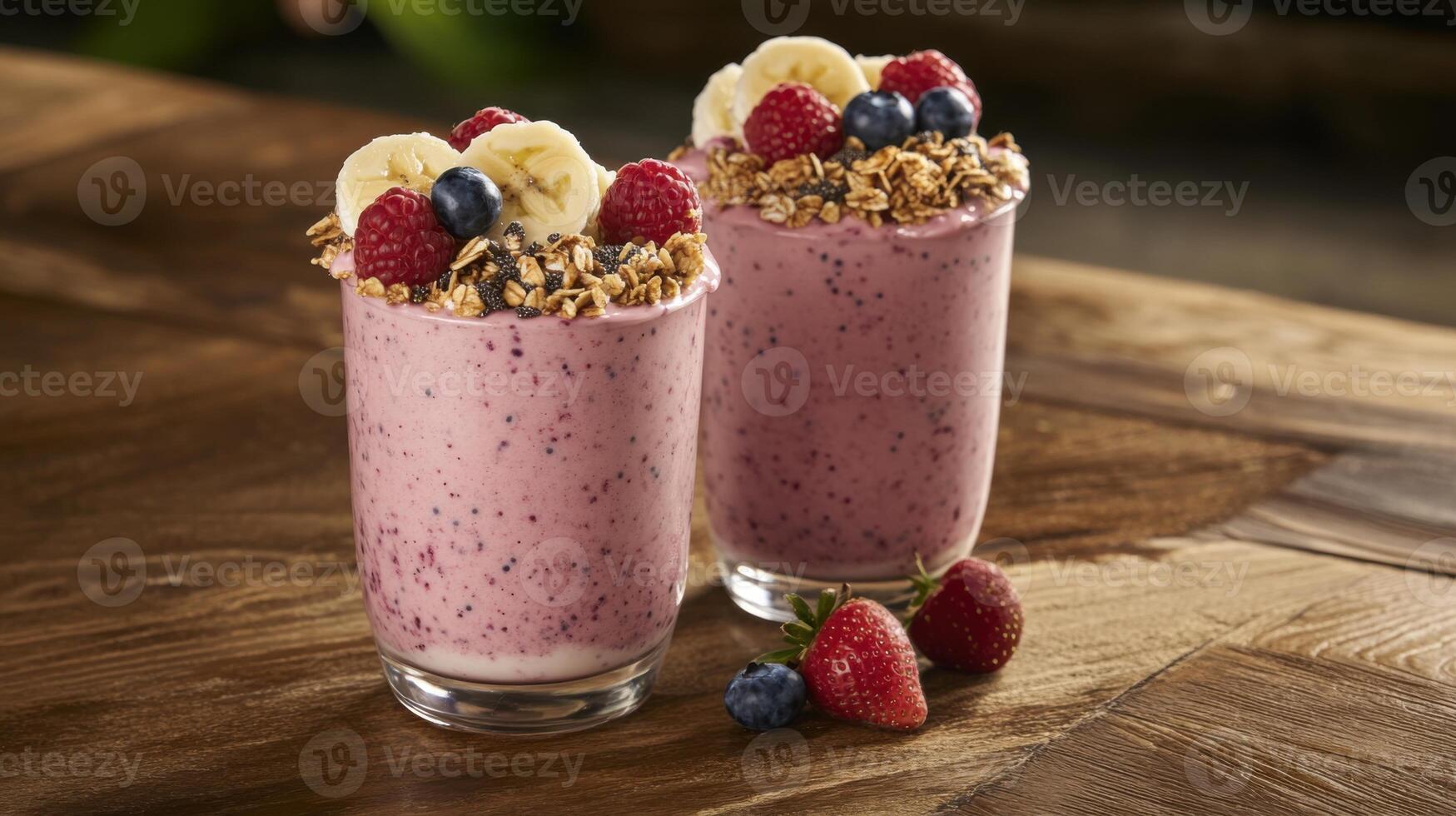 Delicious smoothies topped with granola and fresh fruit displayed on a rustic wooden table photo
