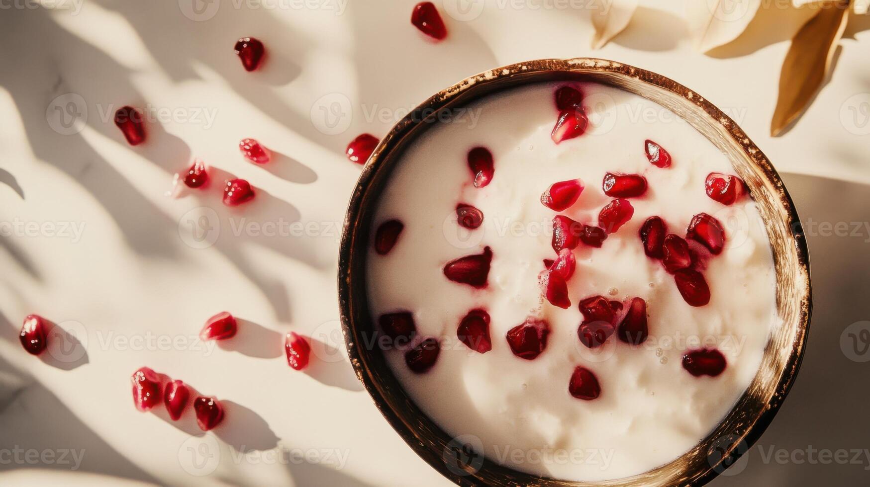 Delicious bowl of yogurt with pomegranate seeds beautifully arranged on a textured surface in natural light photo