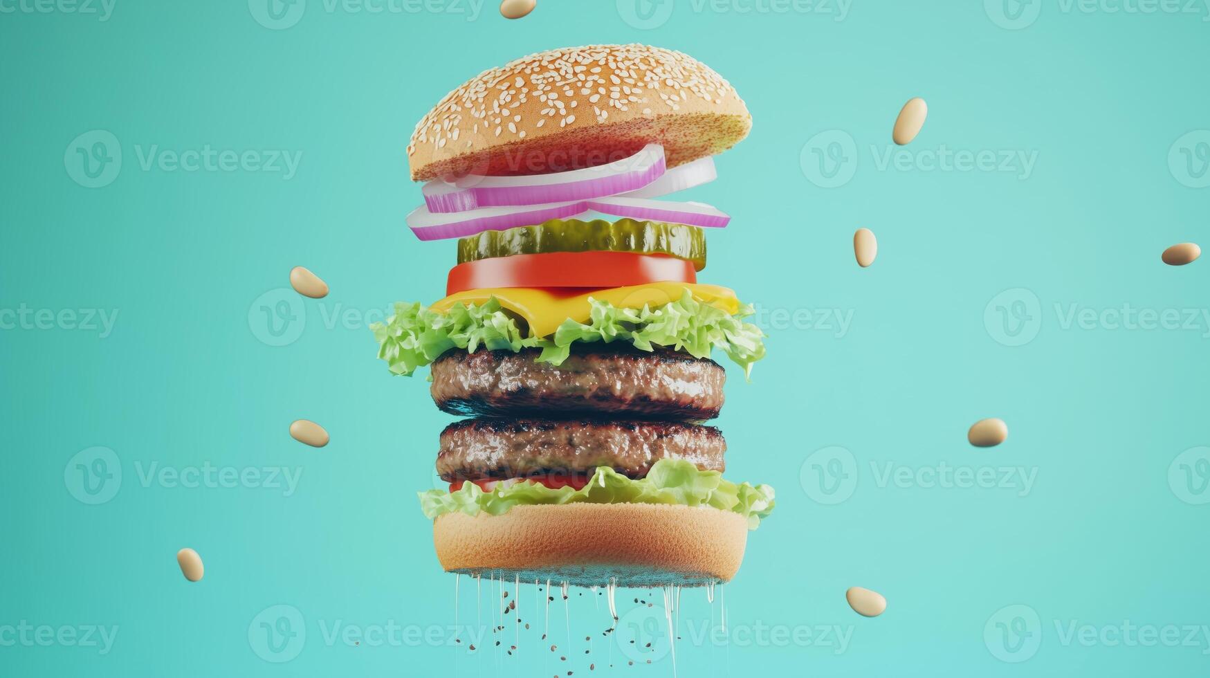 Mega hamburger floating in the air with vibrant layers and toppings displayed against a bright backdrop photo