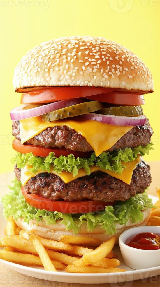 Towering mega hamburger stacked with juicy beef, fresh vegetables, and toasted sesame bun photo