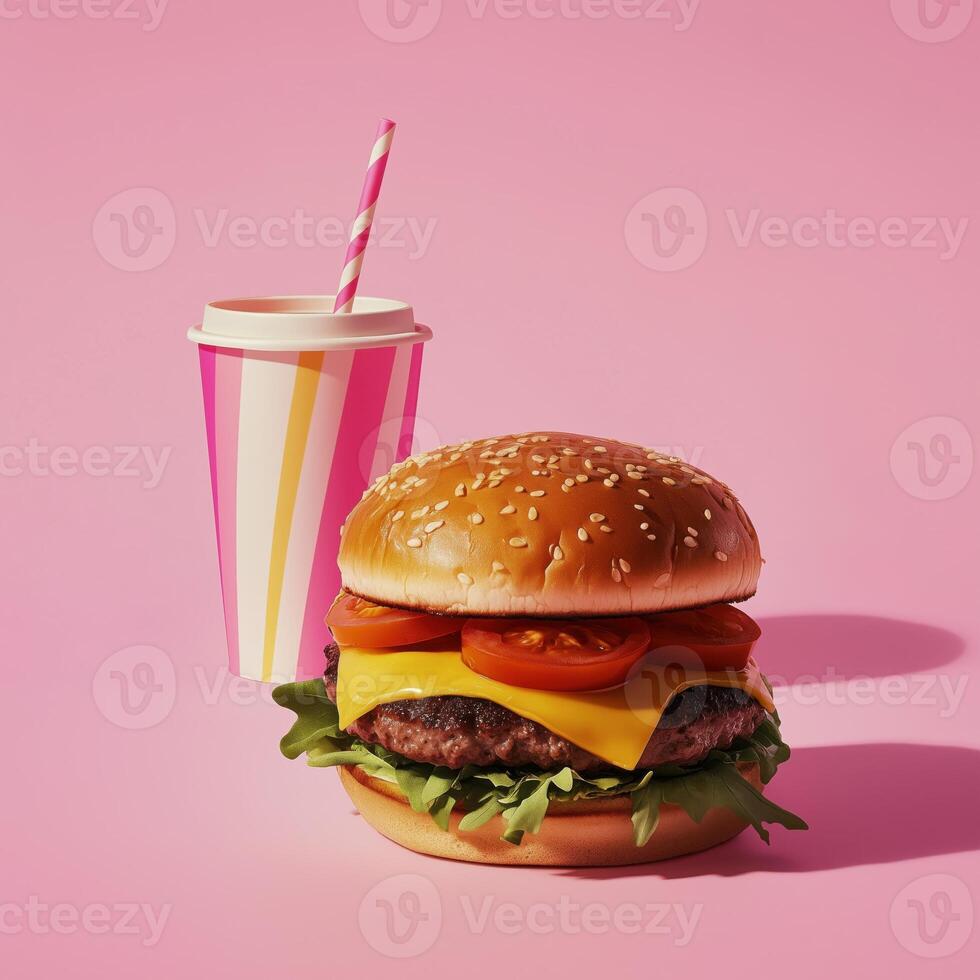 Perfectly symmetrical mega hamburger with a colorful drink on a pink background photo