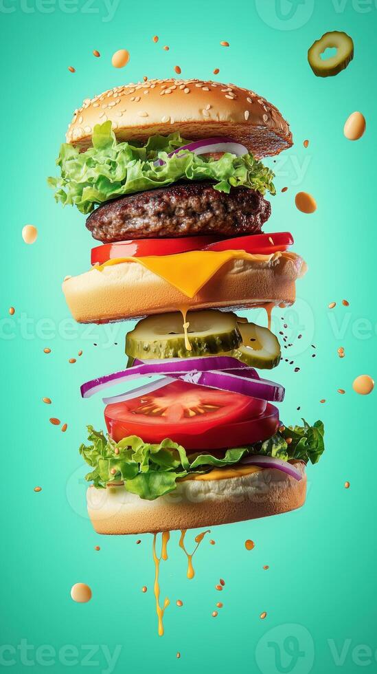 Mega hamburger suspended in mid-air showcasing colorful layers and delicious ingredients on a vibrant background photo