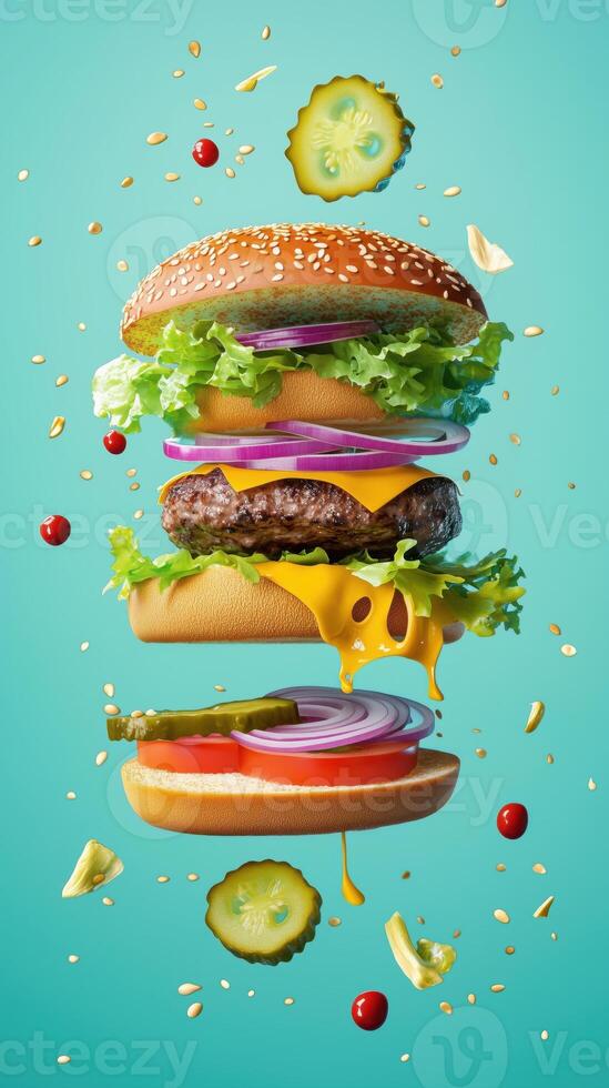 Floating mega hamburger with toppings suspended in mid-air against a vibrant background photo