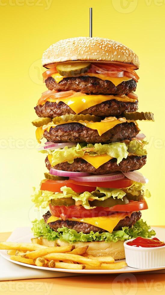 Giant hamburger creation showcases layers of juicy beef, fresh vegetables, and delicious condiments on a bright yellow background photo