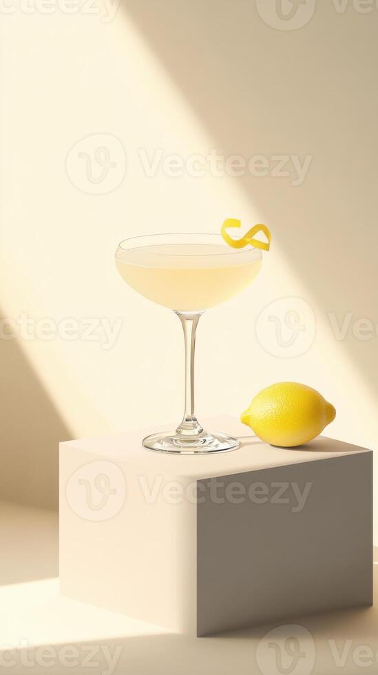 Refreshing cocktail served in a modern glass with a twist of lemon on a minimalistic display photo